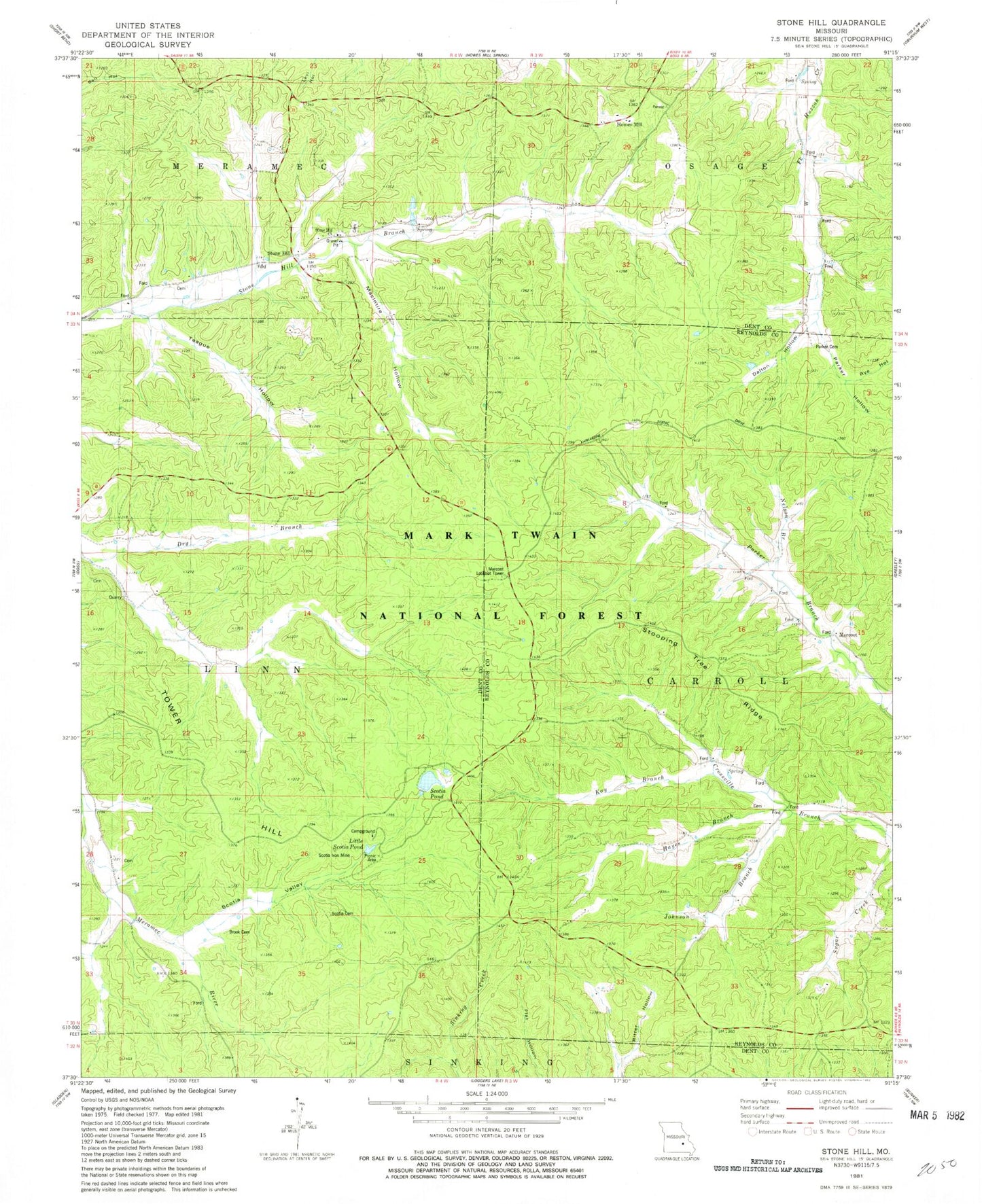 Classic USGS Stone Hill Missouri 7.5'x7.5' Topo Map Image