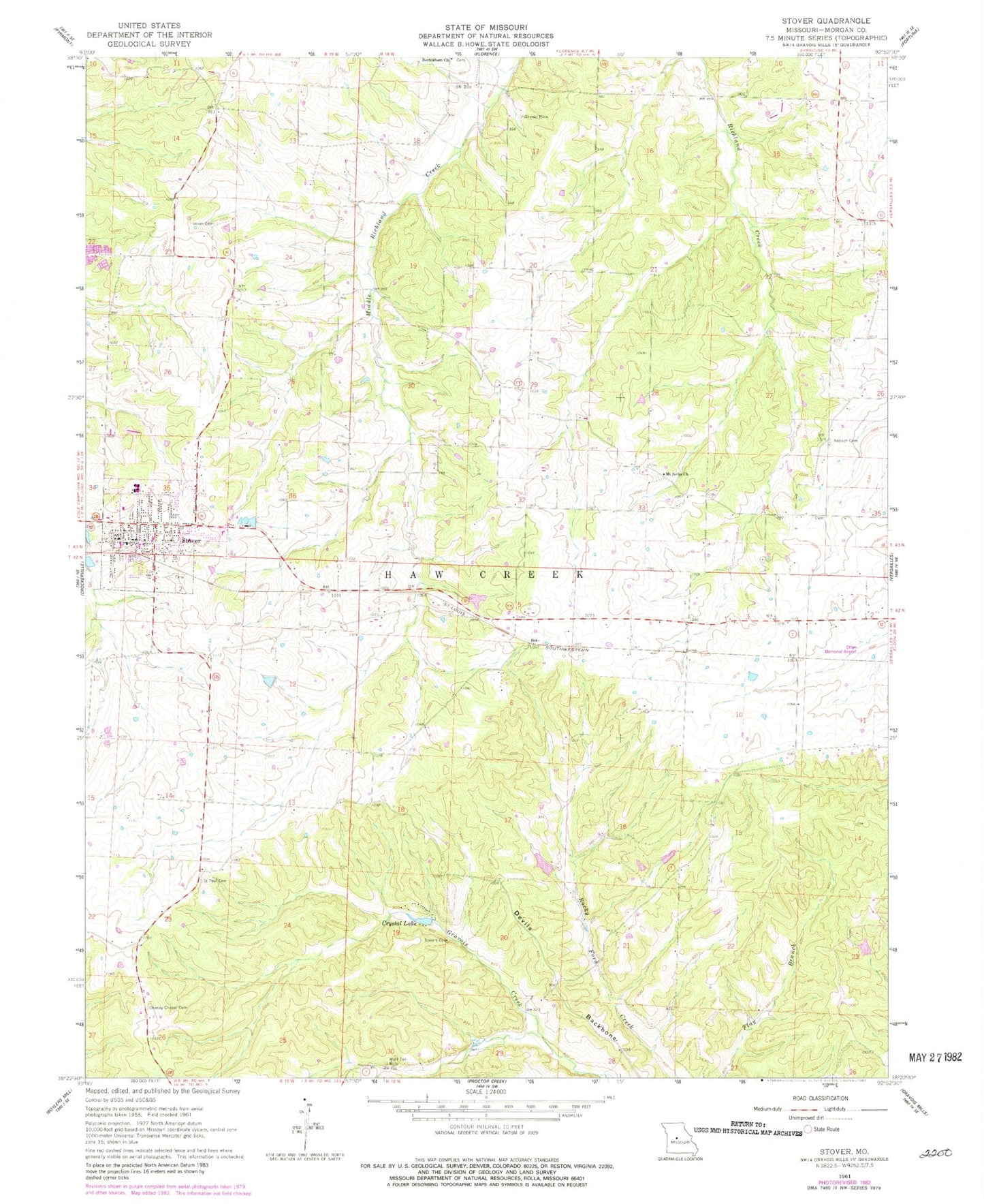 Classic USGS Stover Missouri 7.5'x7.5' Topo Map Image