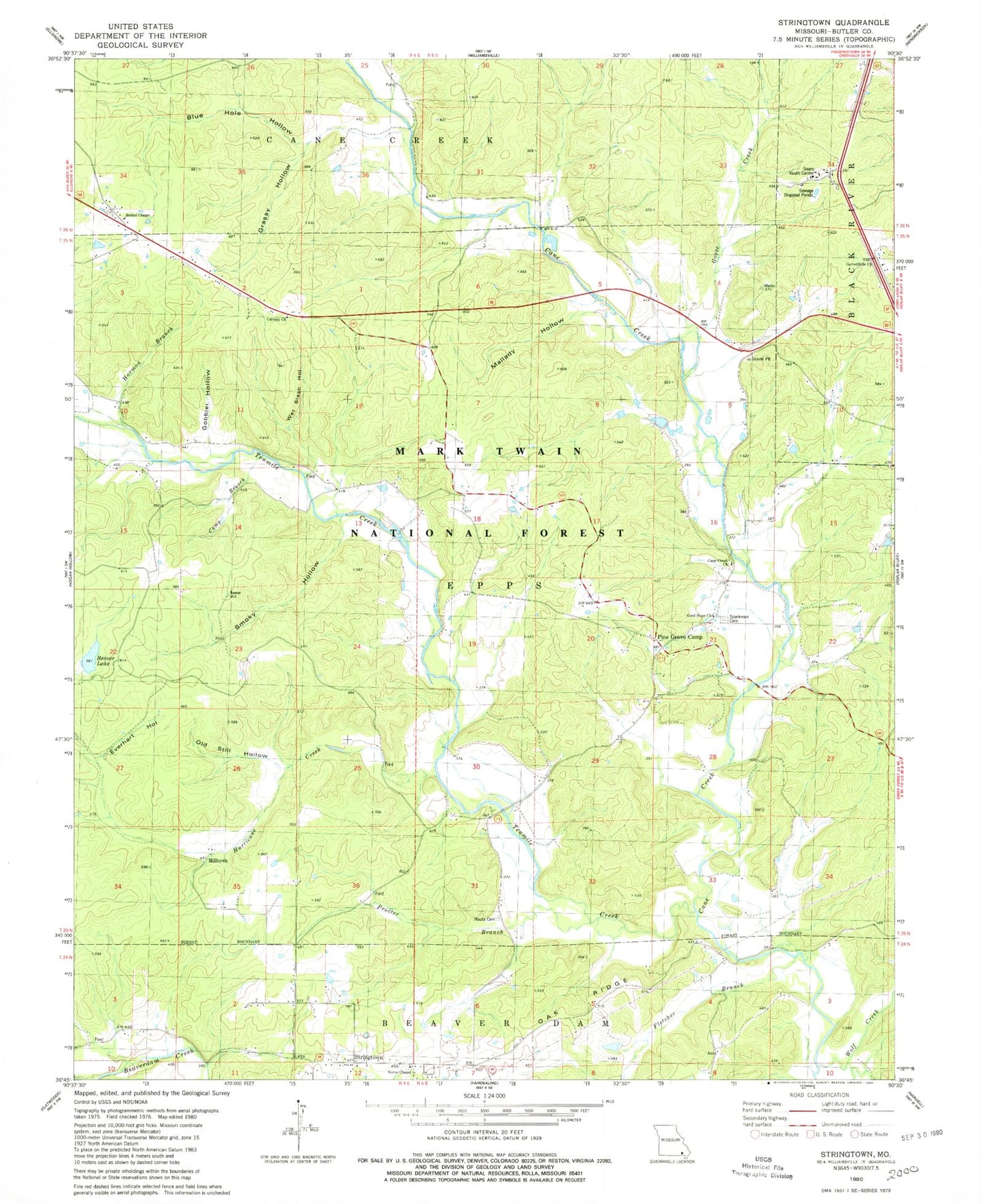 Classic USGS Stringtown Missouri 7.5'x7.5' Topo Map Image