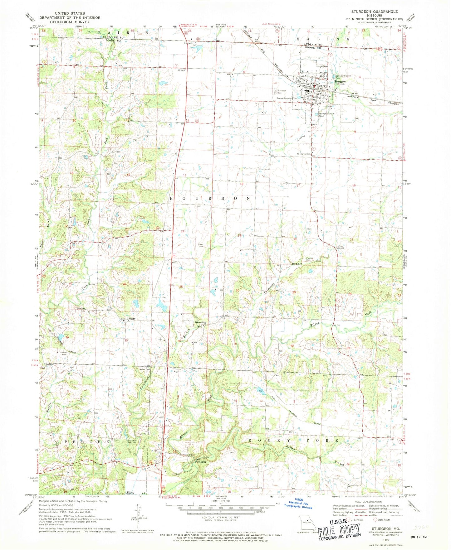 Classic USGS Sturgeon Missouri 7.5'x7.5' Topo Map Image