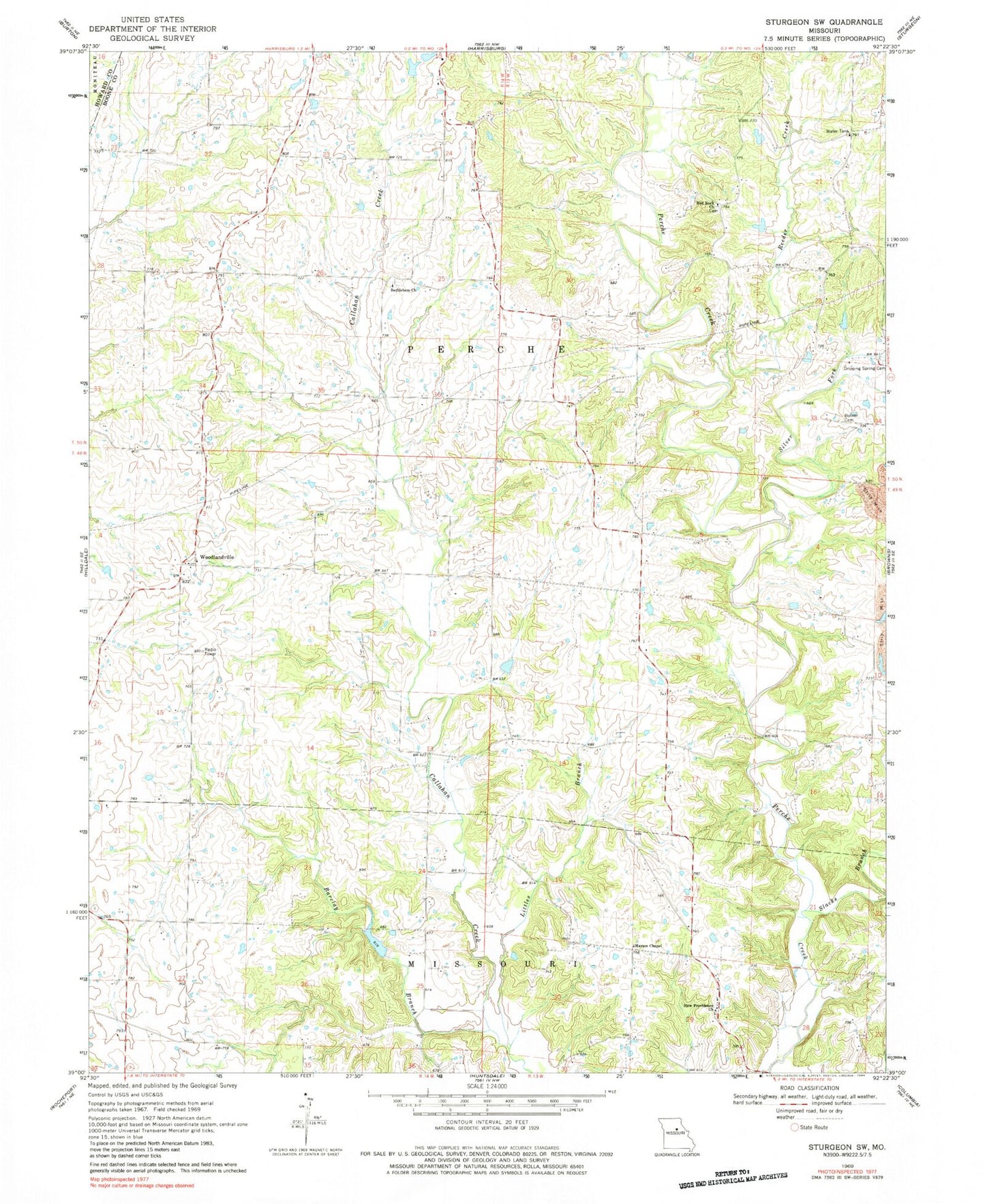 Classic USGS Sturgeon SW Missouri 7.5'x7.5' Topo Map Image