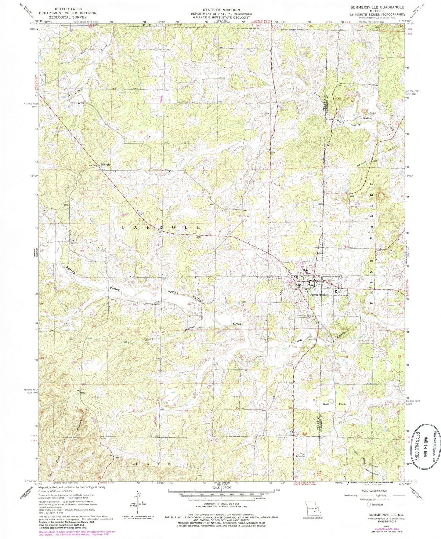 Classic USGS Summersville Missouri 7.5'x7.5' Topo Map Image