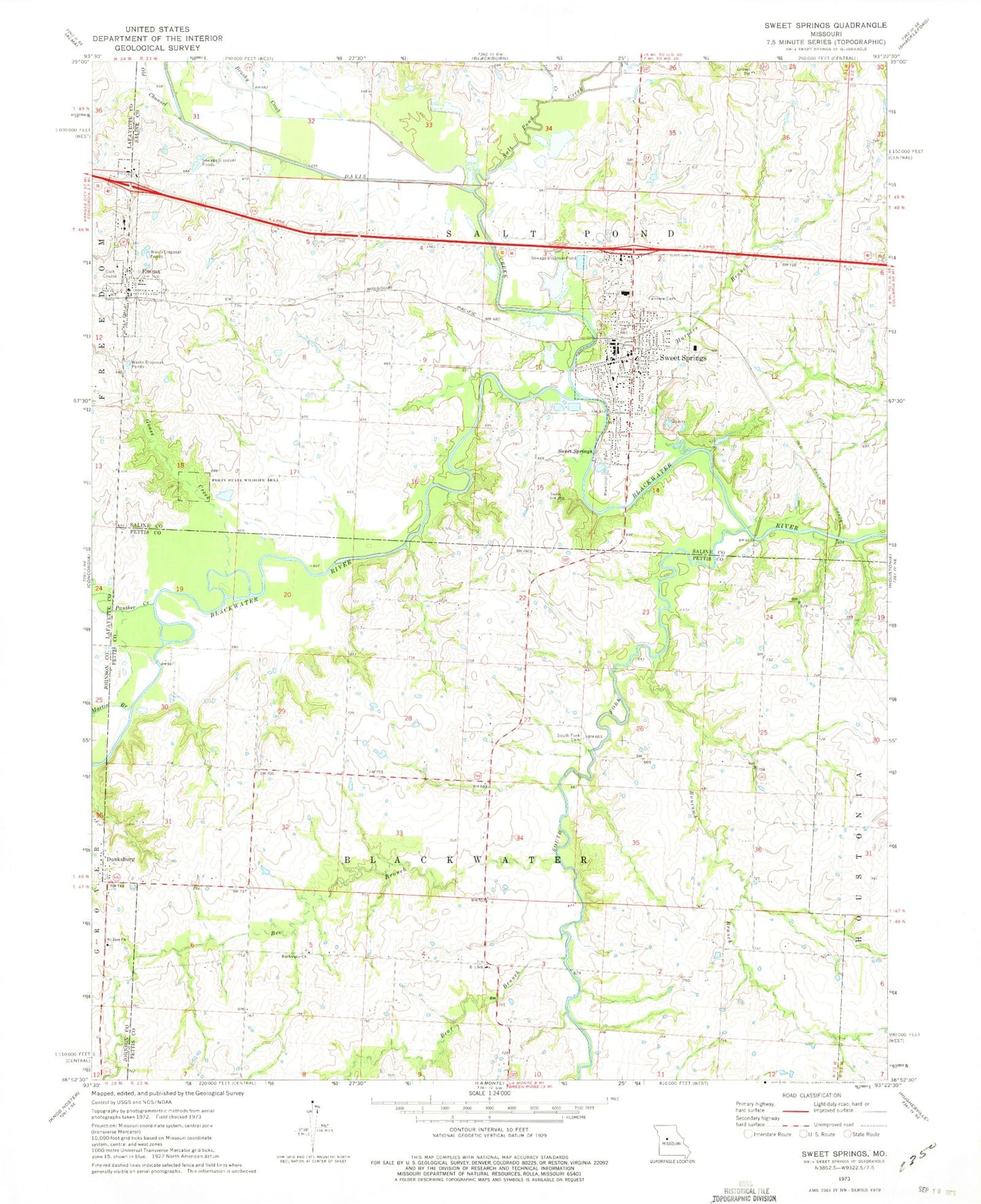 Classic USGS Sweet Springs Missouri 7.5'x7.5' Topo Map Image