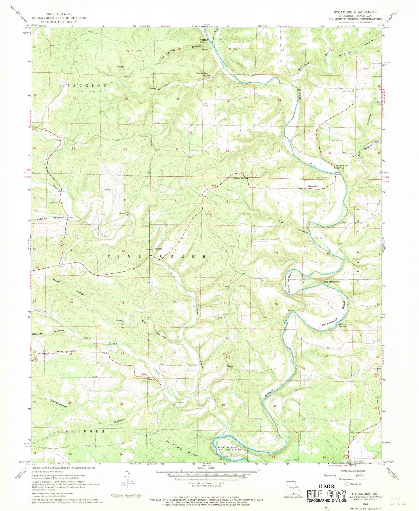 Classic USGS Sycamore Missouri 7.5'x7.5' Topo Map Image