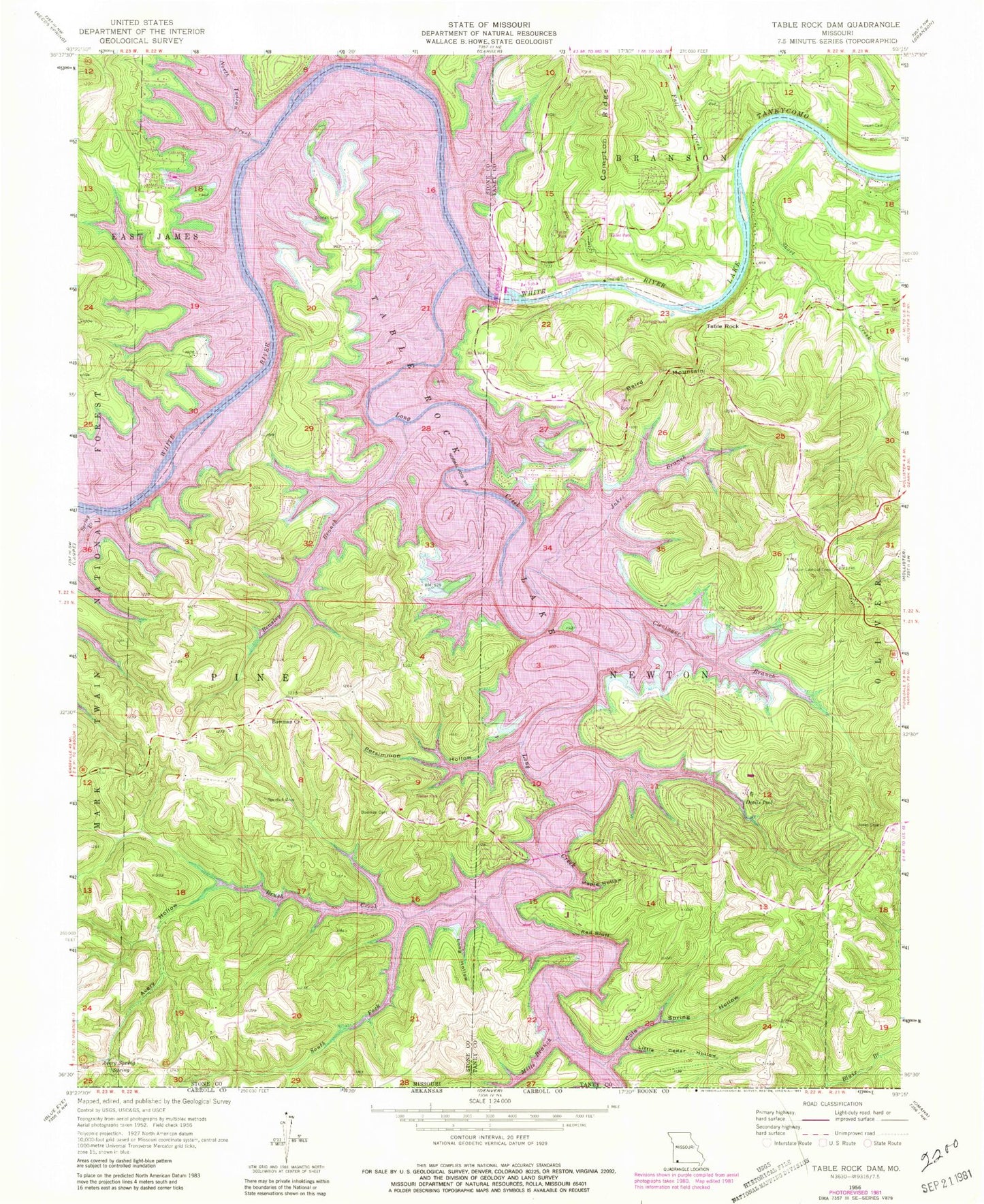 Classic USGS Table Rock Dam Missouri 7.5'x7.5' Topo Map Image