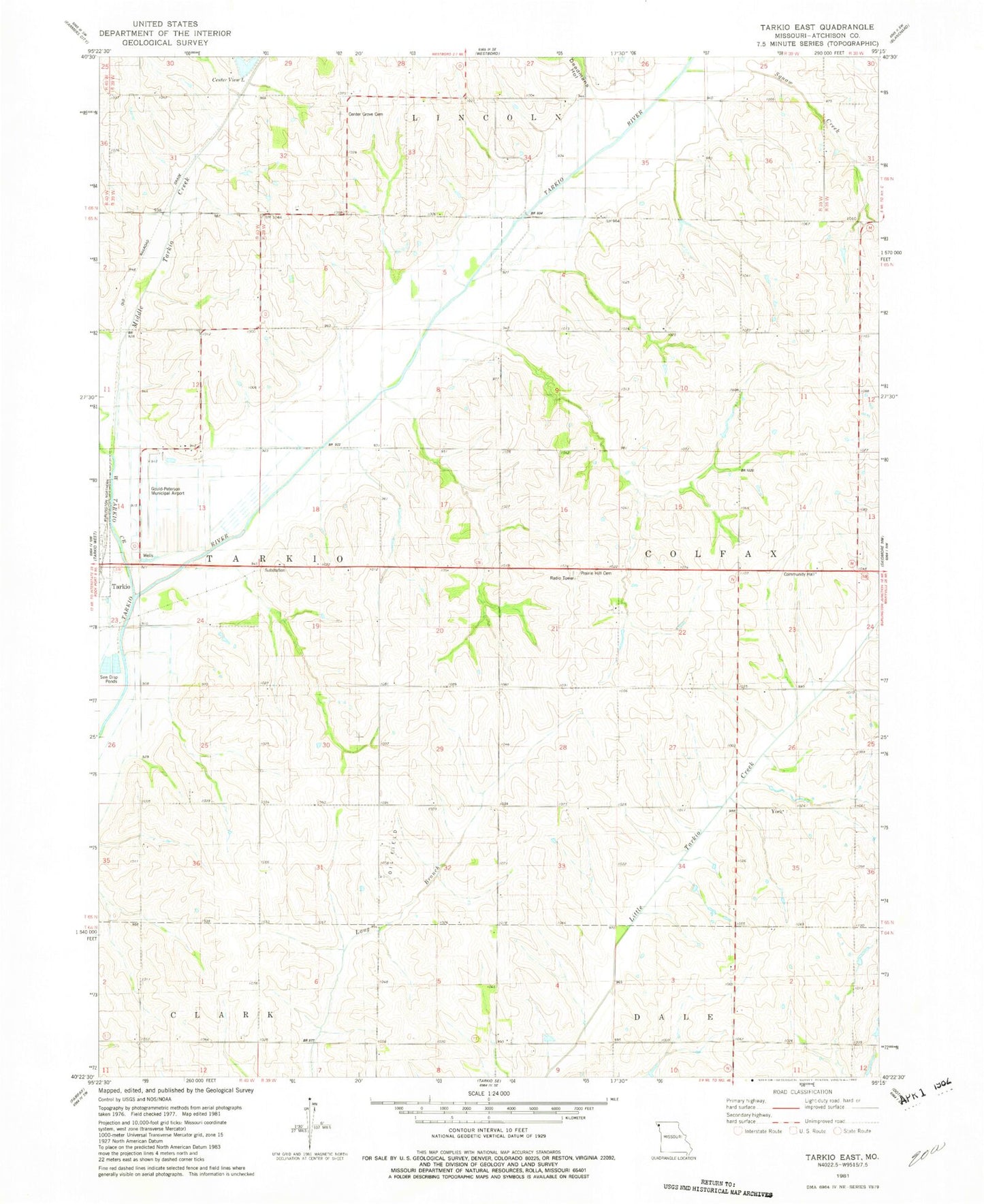 Classic USGS Tarkio East Missouri 7.5'x7.5' Topo Map Image