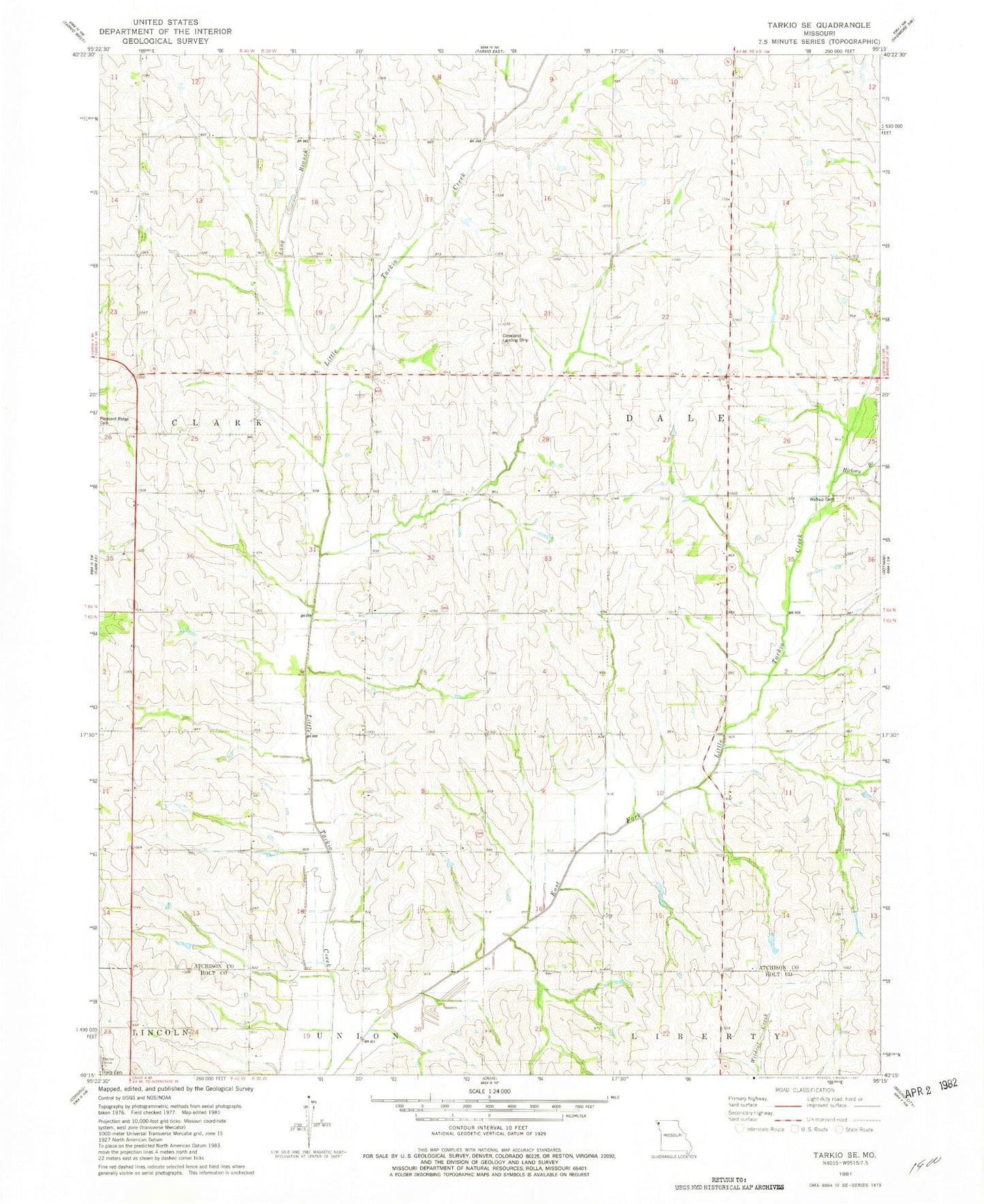Classic USGS Tarkio SE Missouri 7.5'x7.5' Topo Map Image