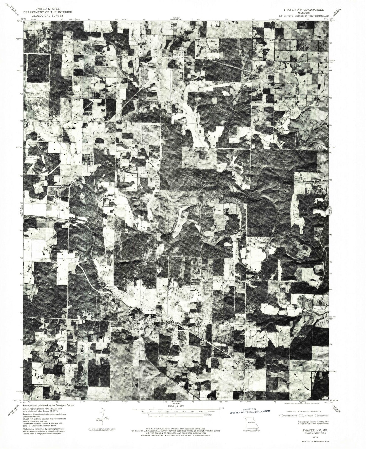 Classic USGS Brandsville Missouri 7.5'x7.5' Topo Map Image