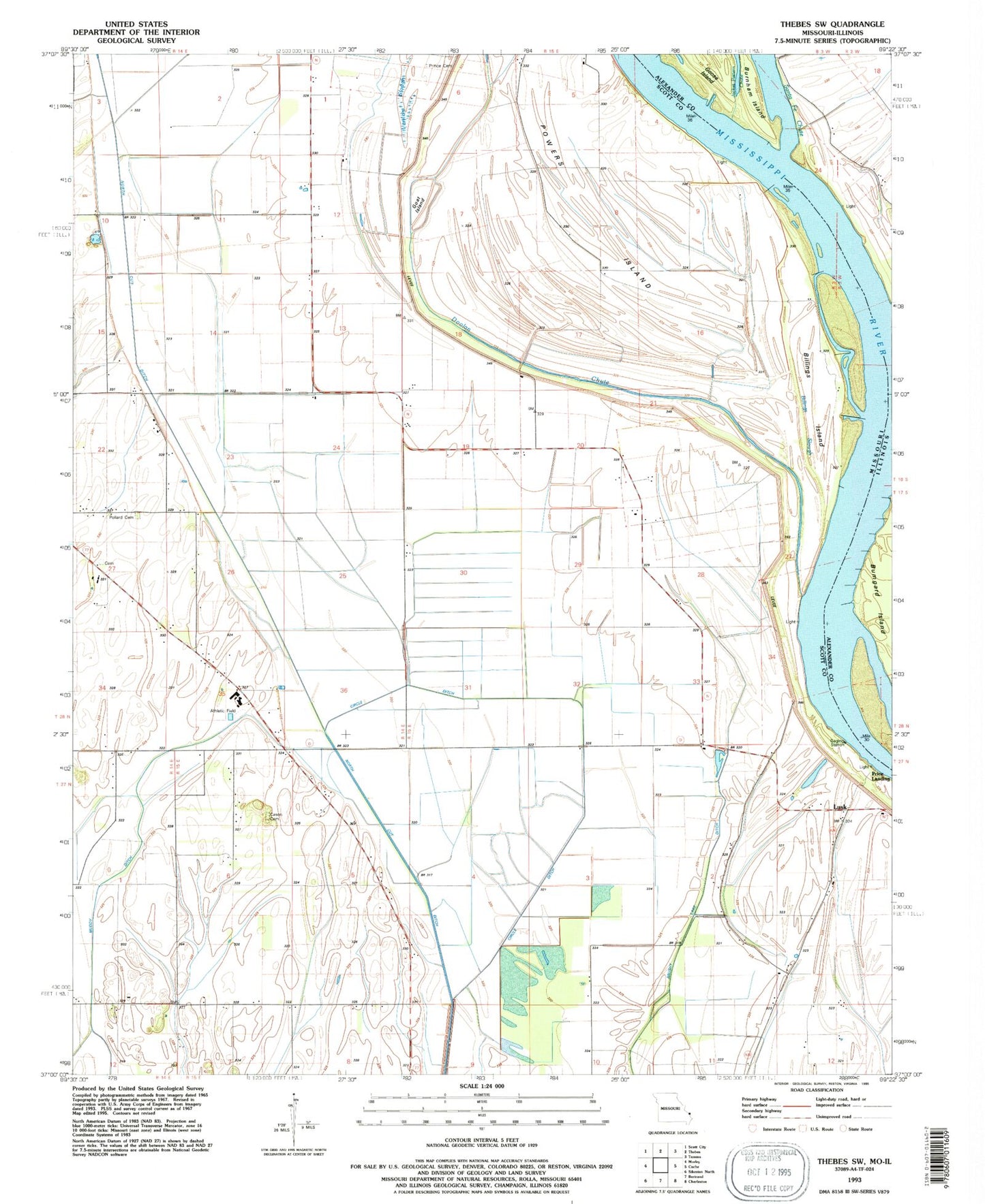 Classic USGS Thebes SW Missouri 7.5'x7.5' Topo Map Image