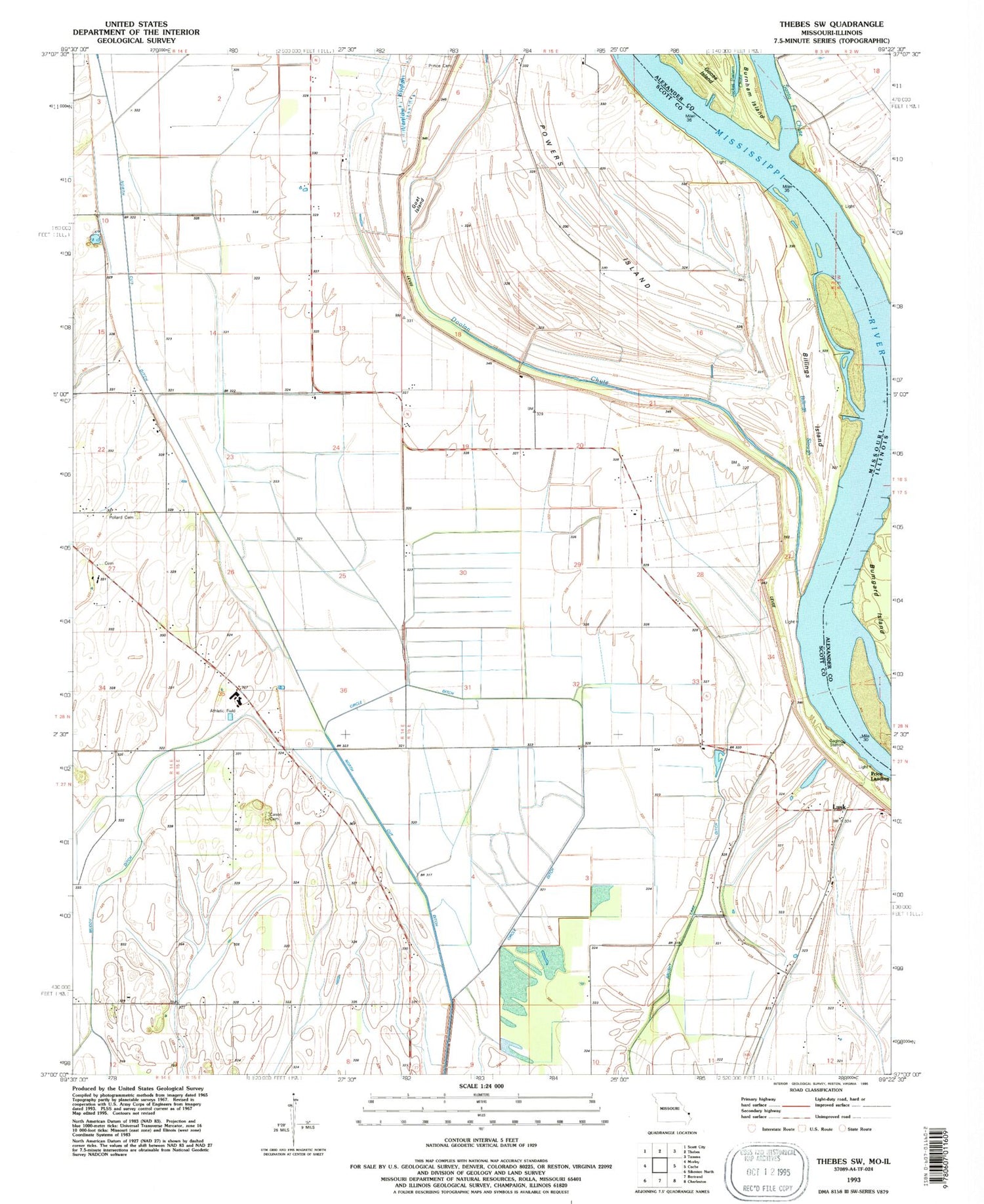 Classic USGS Thebes SW Missouri 7.5'x7.5' Topo Map Image