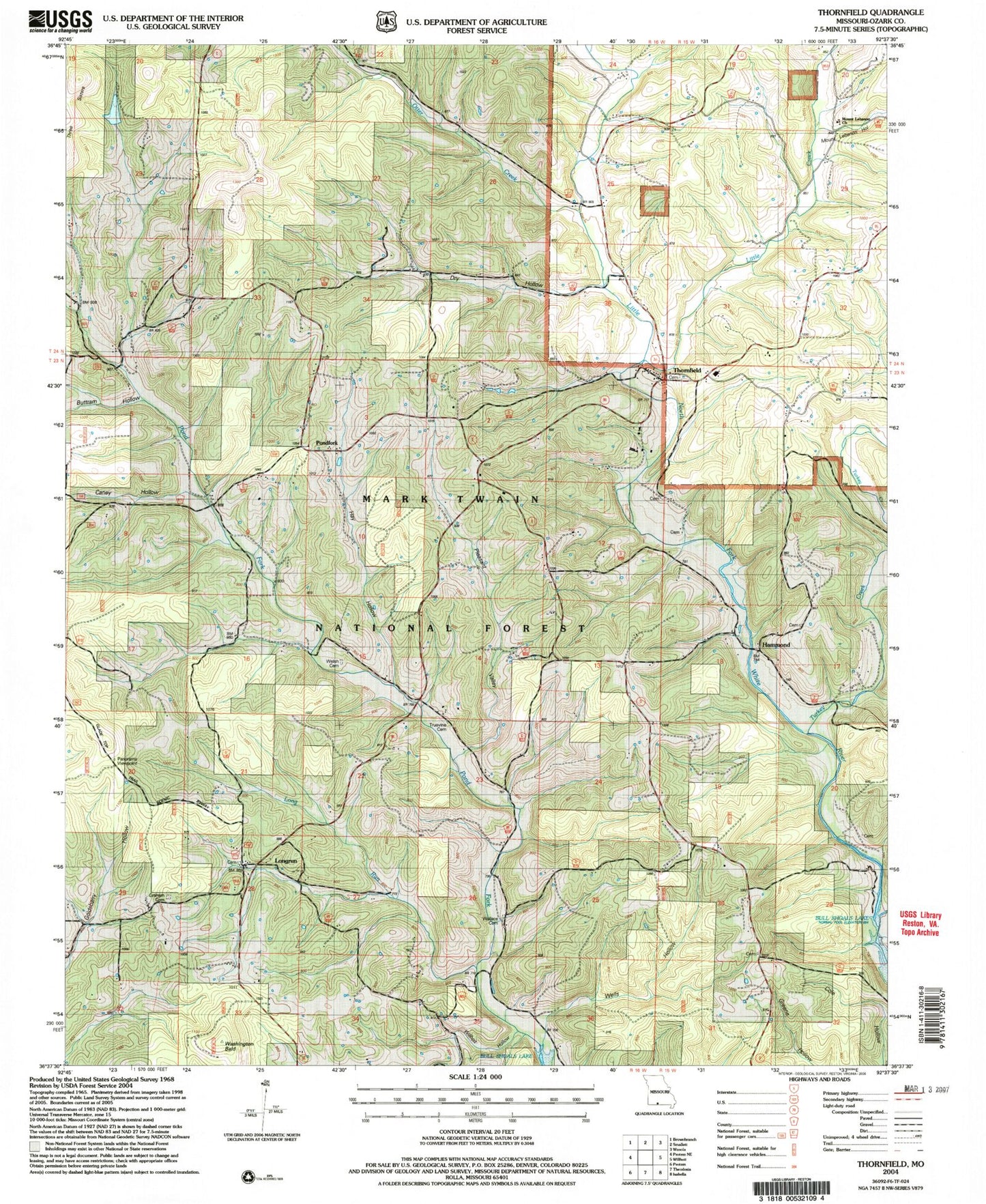 Classic USGS Thornfield Missouri 7.5'x7.5' Topo Map Image