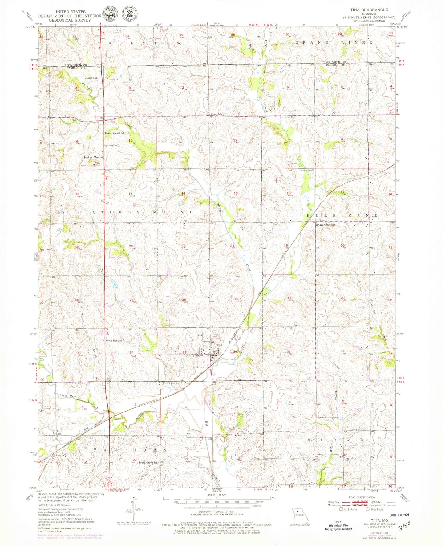 Classic USGS Tina Missouri 7.5'x7.5' Topo Map Image