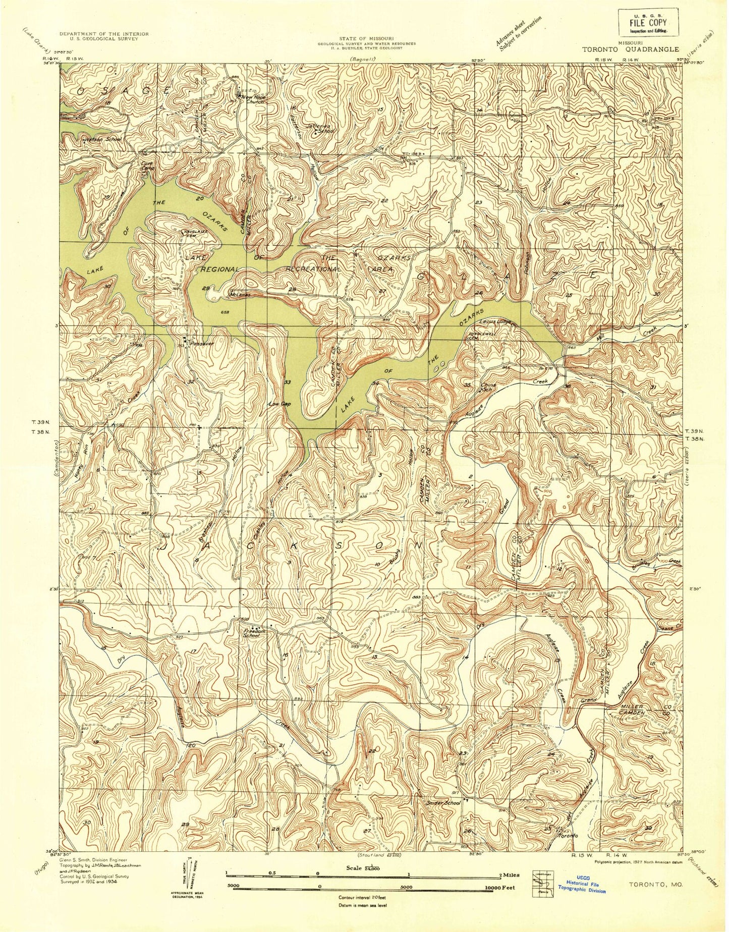 Classic USGS Toronto Missouri 7.5'x7.5' Topo Map Image