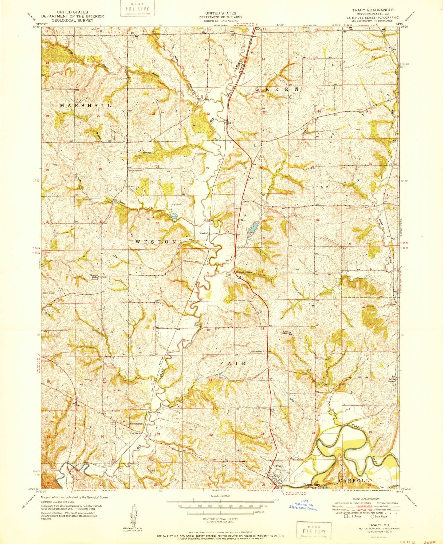 Classic USGS Tracy Missouri 7.5'x7.5' Topo Map Image