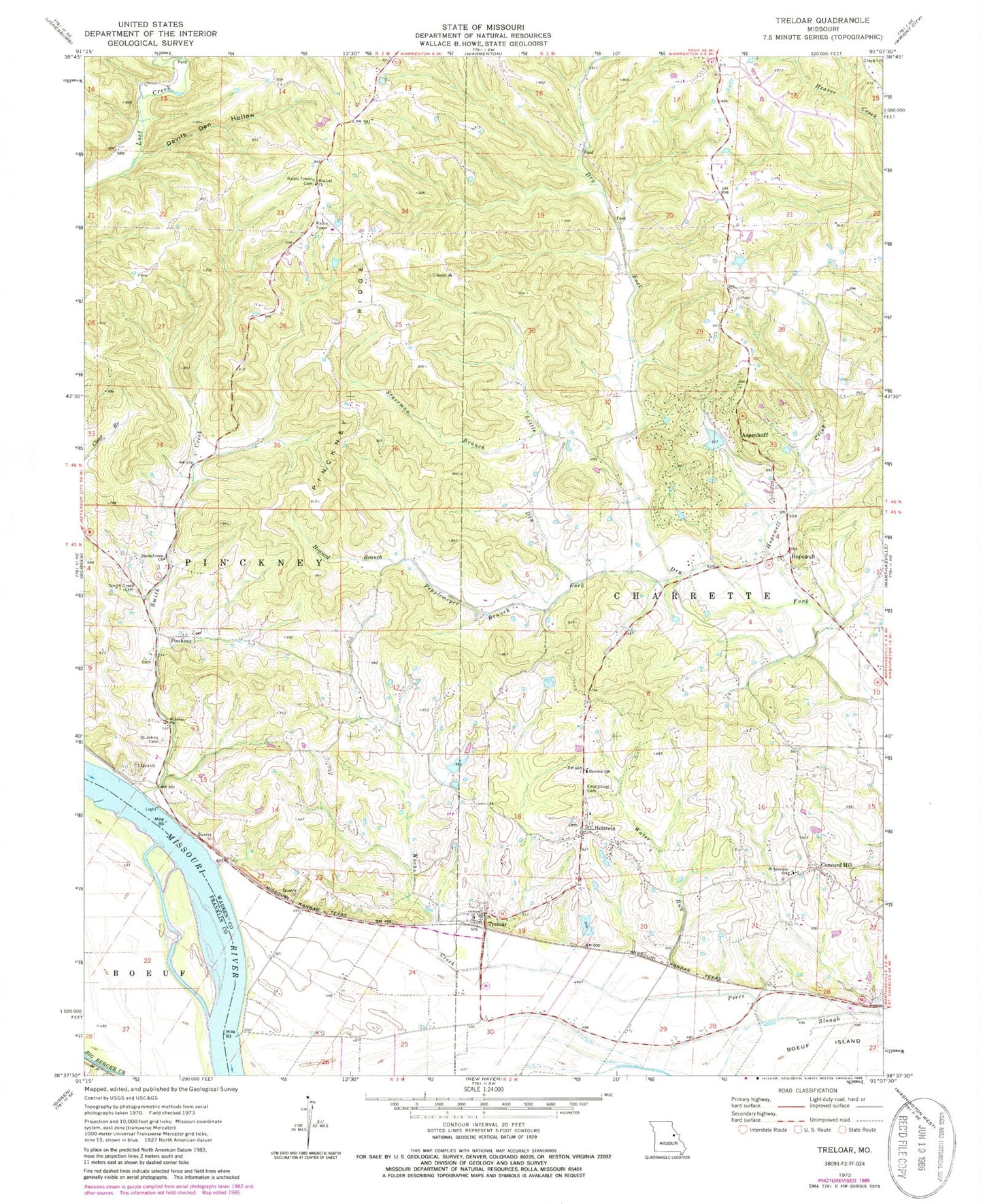 Classic USGS Treloar Missouri 7.5'x7.5' Topo Map Image