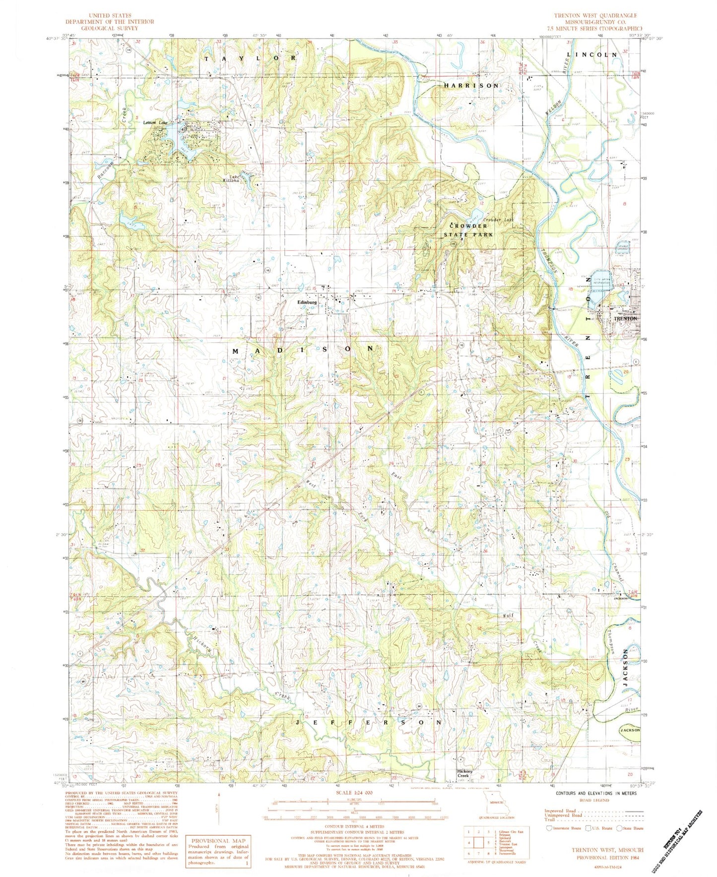 Classic USGS Trenton West Missouri 7.5'x7.5' Topo Map Image