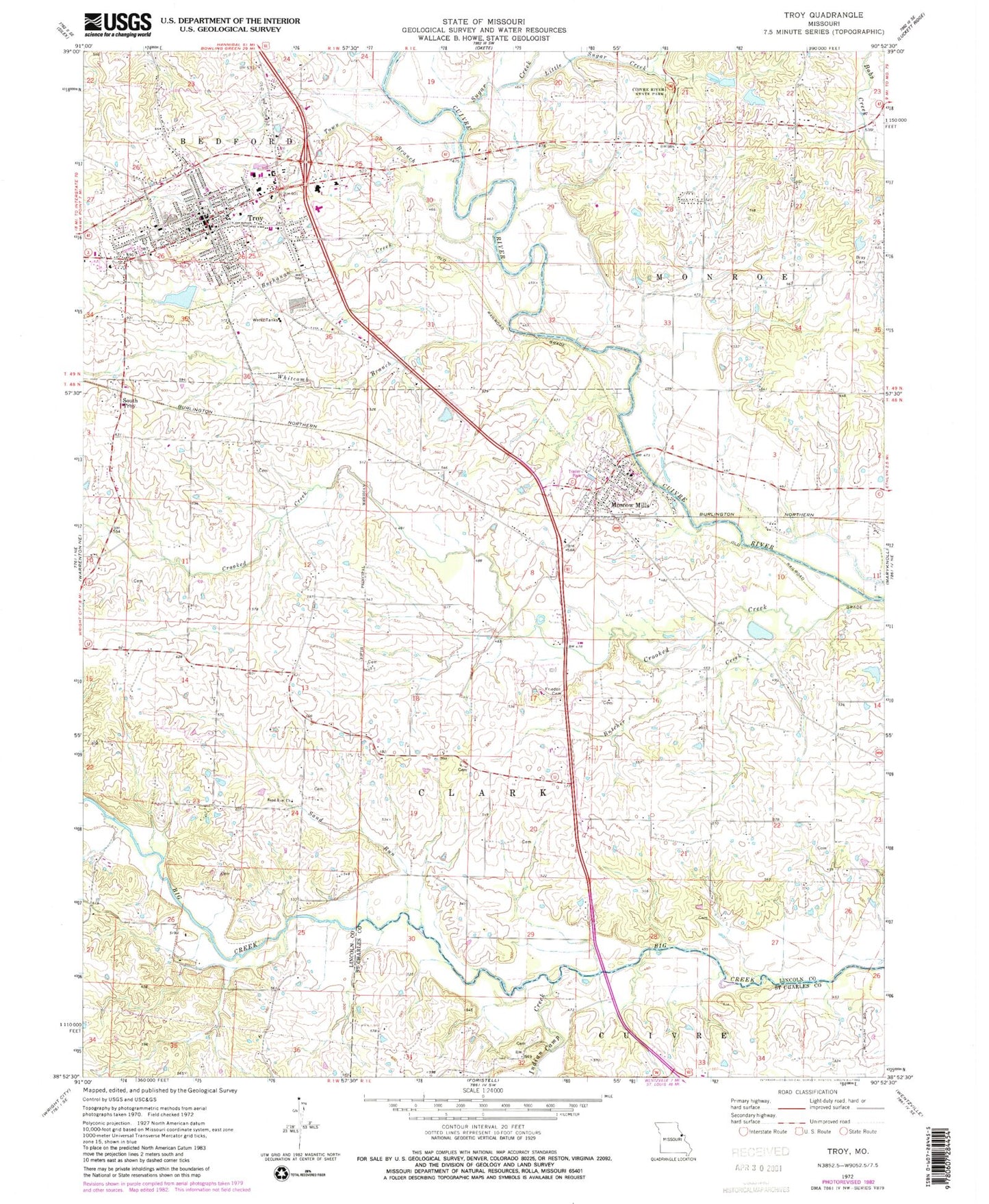 Classic USGS Troy Missouri 7.5'x7.5' Topo Map Image