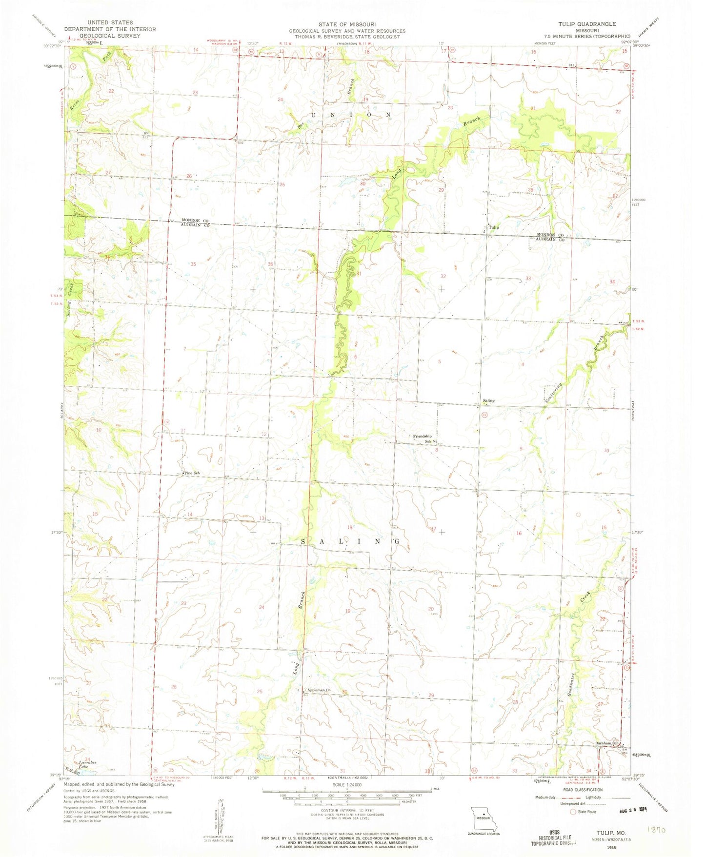 Classic USGS Tulip Missouri 7.5'x7.5' Topo Map Image