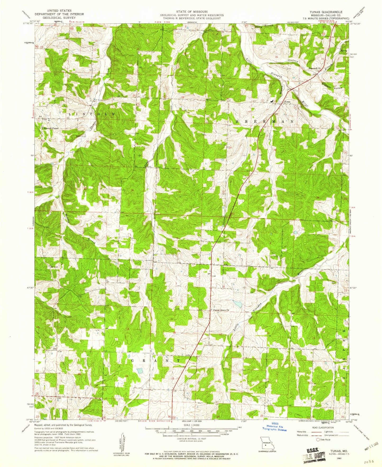 Classic USGS Tunas Missouri 7.5'x7.5' Topo Map Image