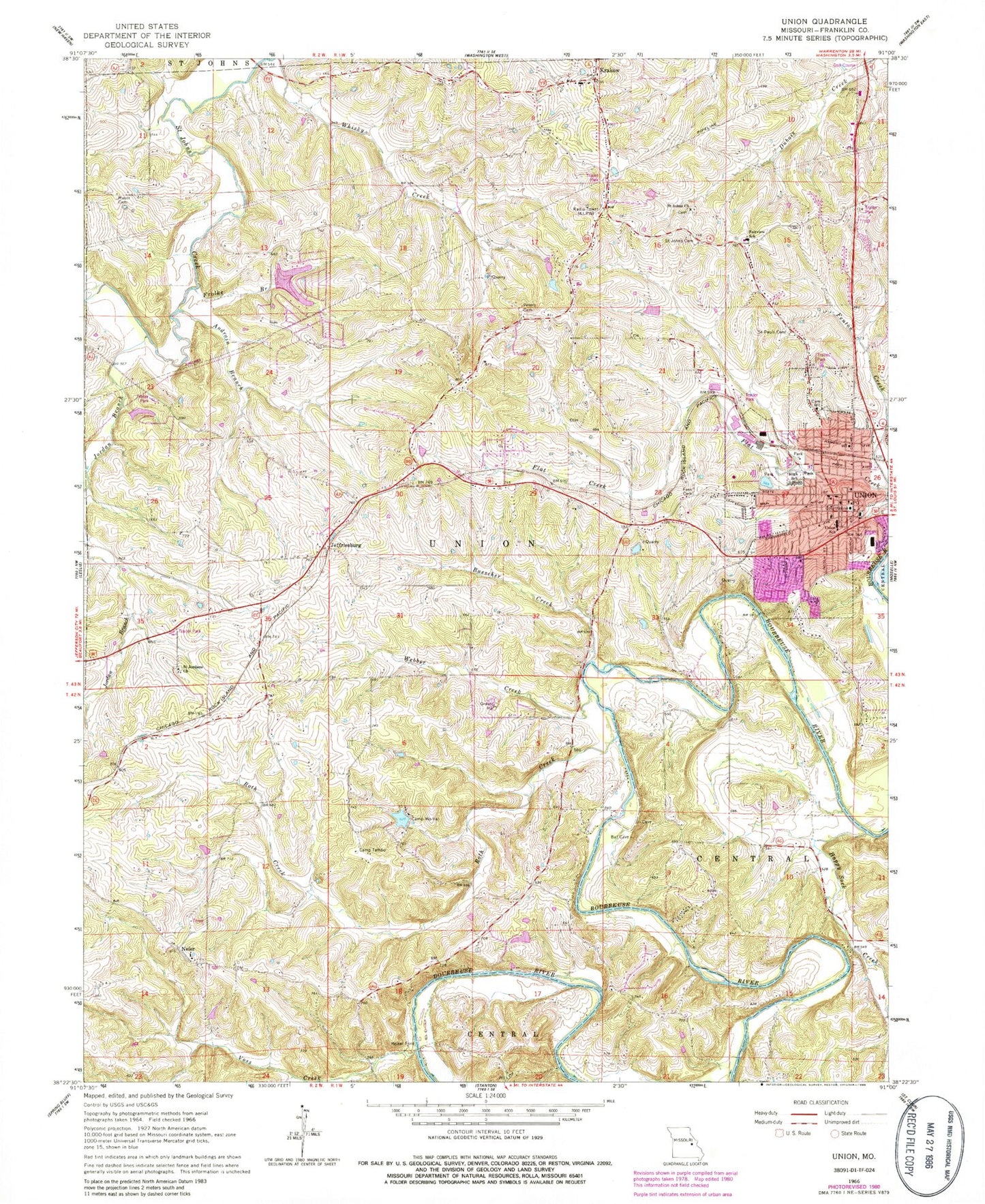 Classic USGS Union Missouri 7.5'x7.5' Topo Map Image