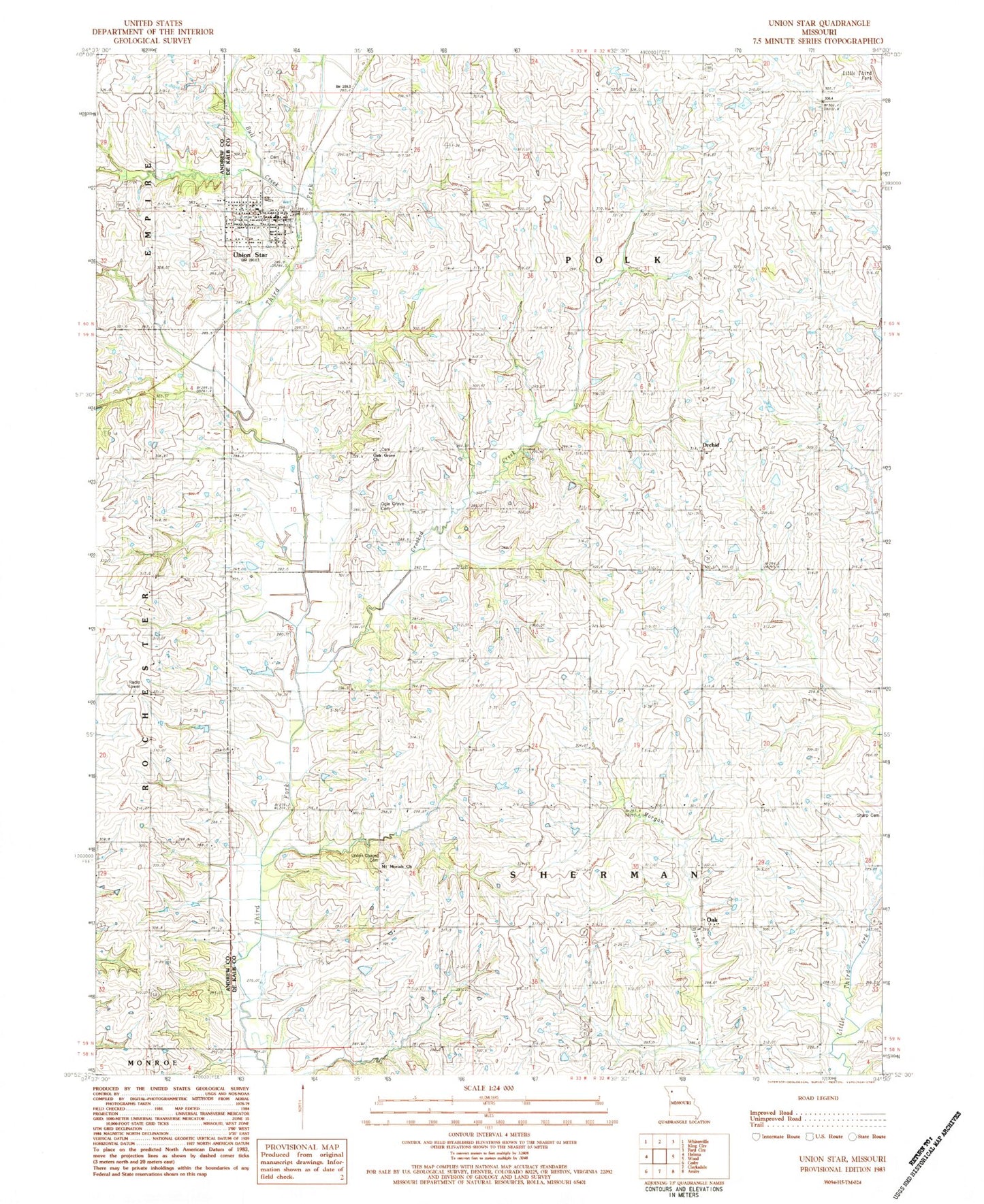 Classic USGS Union Star Missouri 7.5'x7.5' Topo Map Image