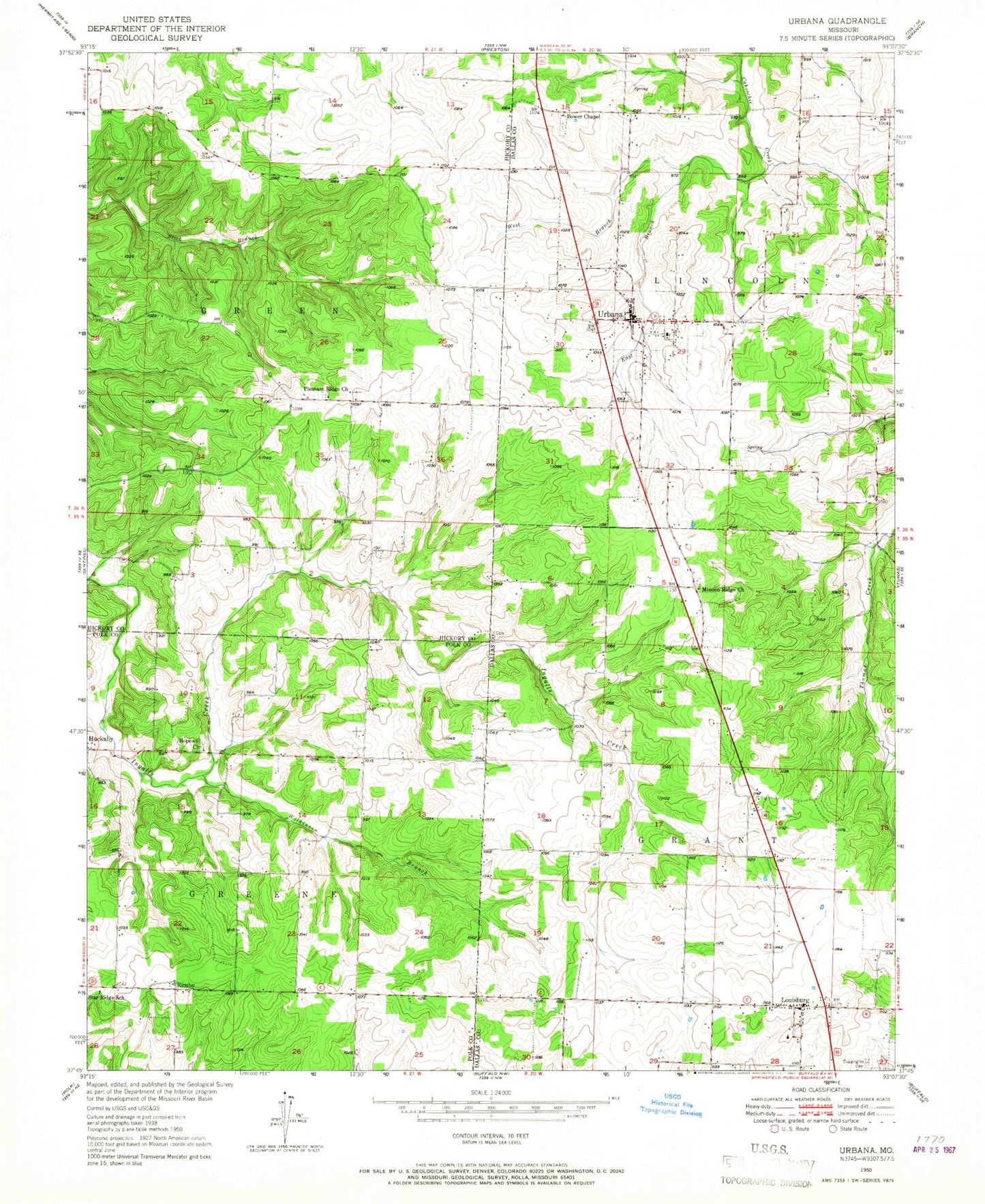 Classic USGS Urbana Missouri 7.5'x7.5' Topo Map Image