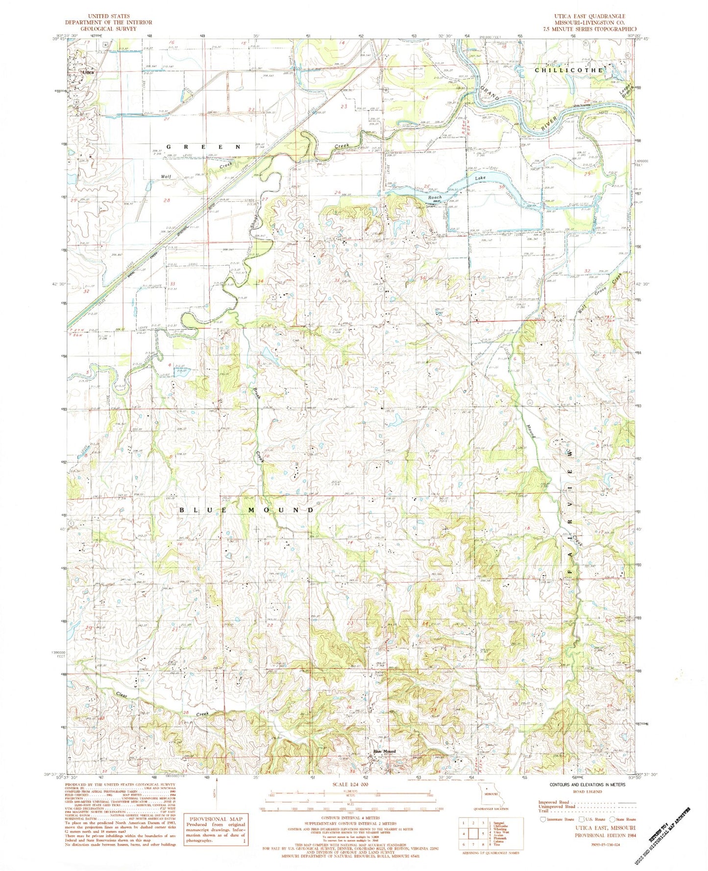 Classic USGS Utica East Missouri 7.5'x7.5' Topo Map Image