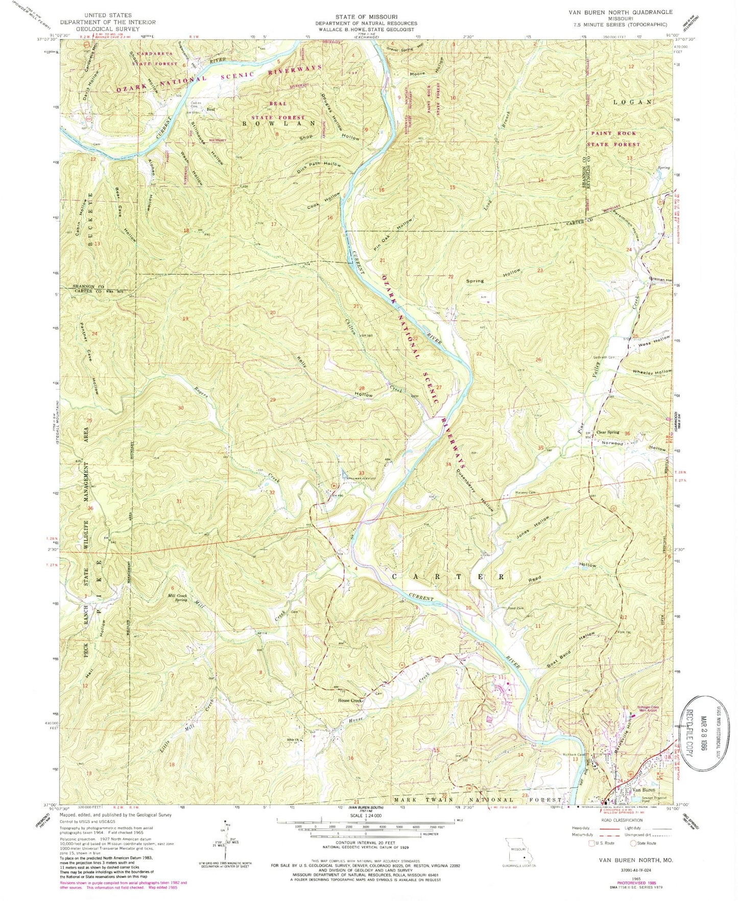 Classic USGS Van Buren North Missouri 7.5'x7.5' Topo Map Image