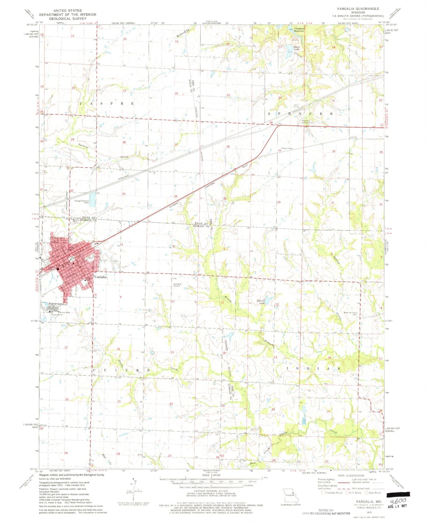 Classic USGS Vandalia Missouri 7.5'x7.5' Topo Map Image