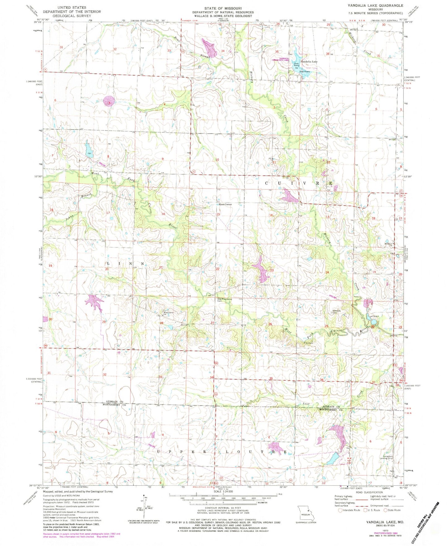 Classic USGS Vandalia Lake Missouri 7.5'x7.5' Topo Map Image