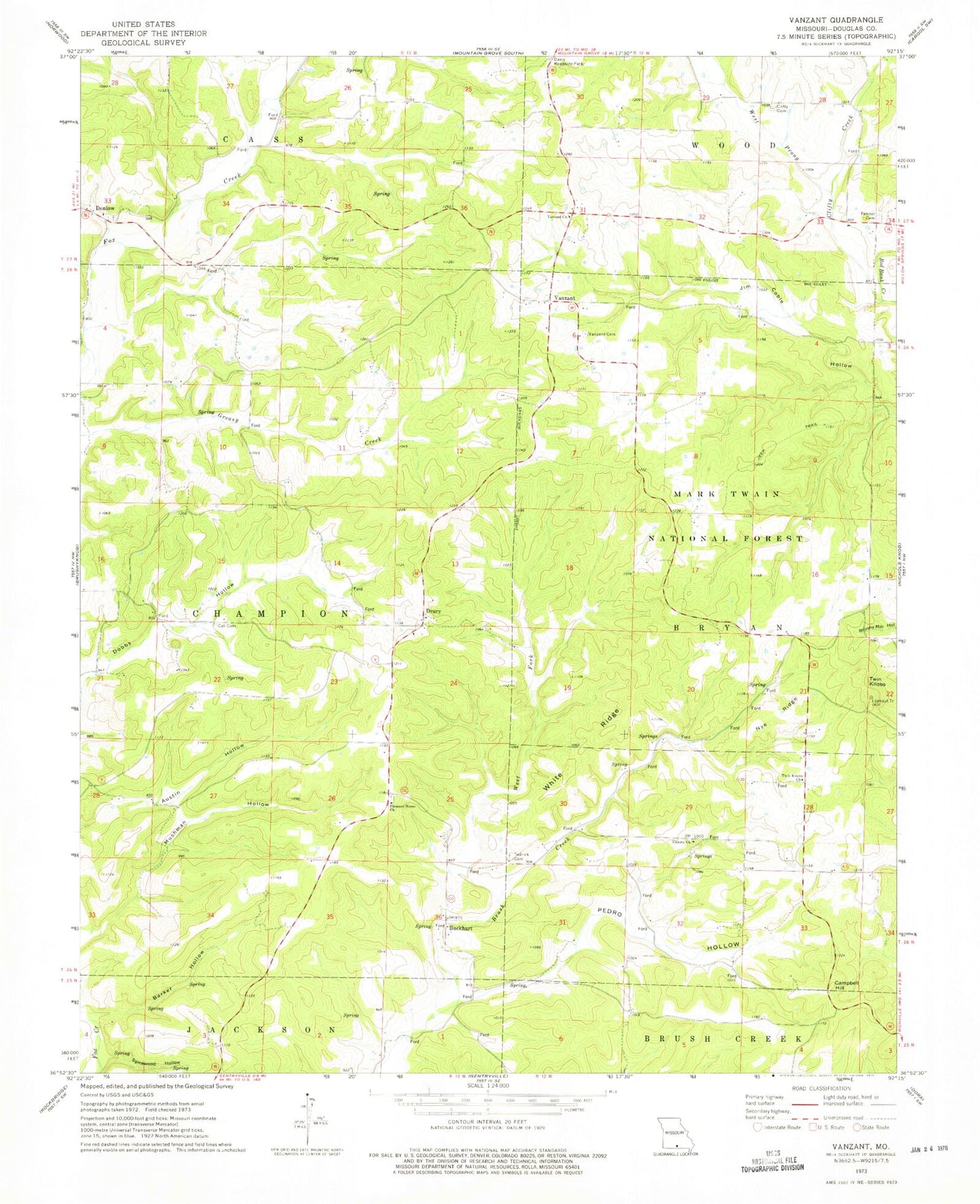 Classic USGS Vanzant Missouri 7.5'x7.5' Topo Map Image