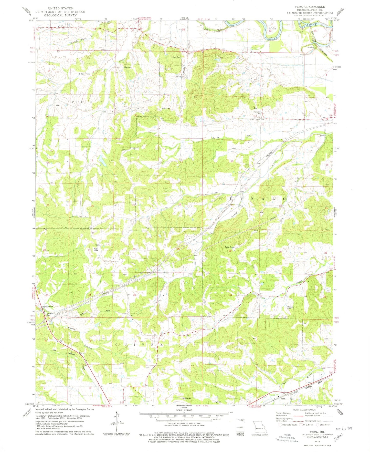 Classic USGS Vera Missouri 7.5'x7.5' Topo Map Image