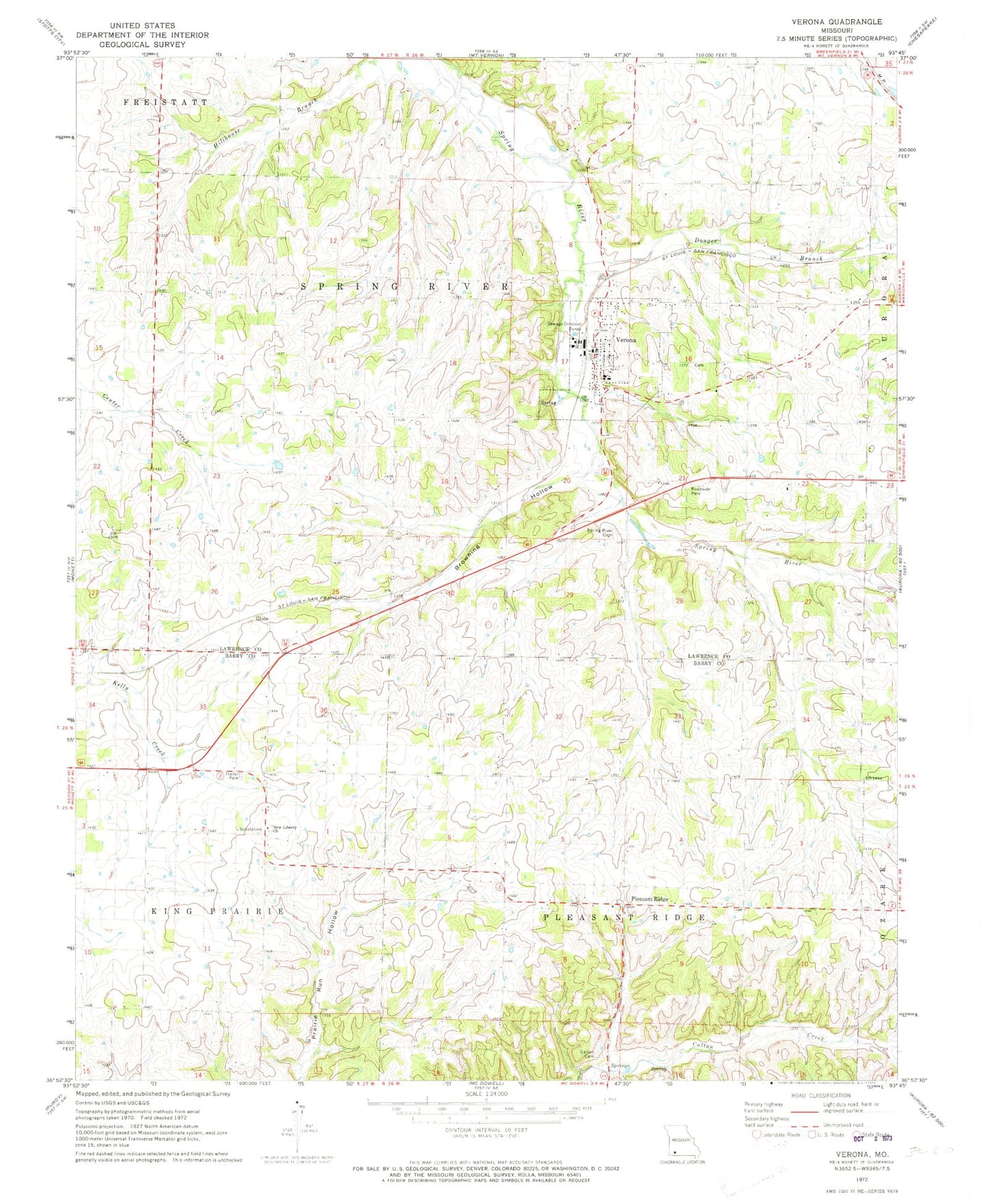 Classic USGS Verona Missouri 7.5'x7.5' Topo Map Image