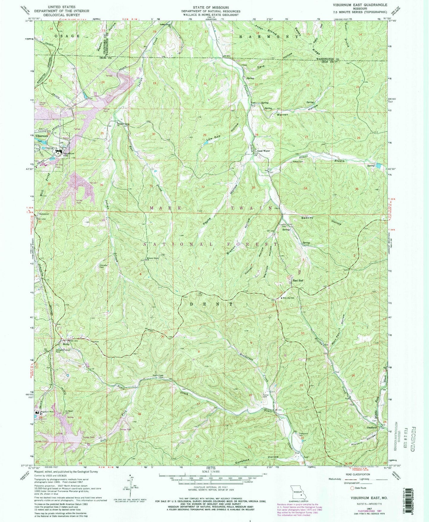 Classic USGS Viburnum East Missouri 7.5'x7.5' Topo Map Image