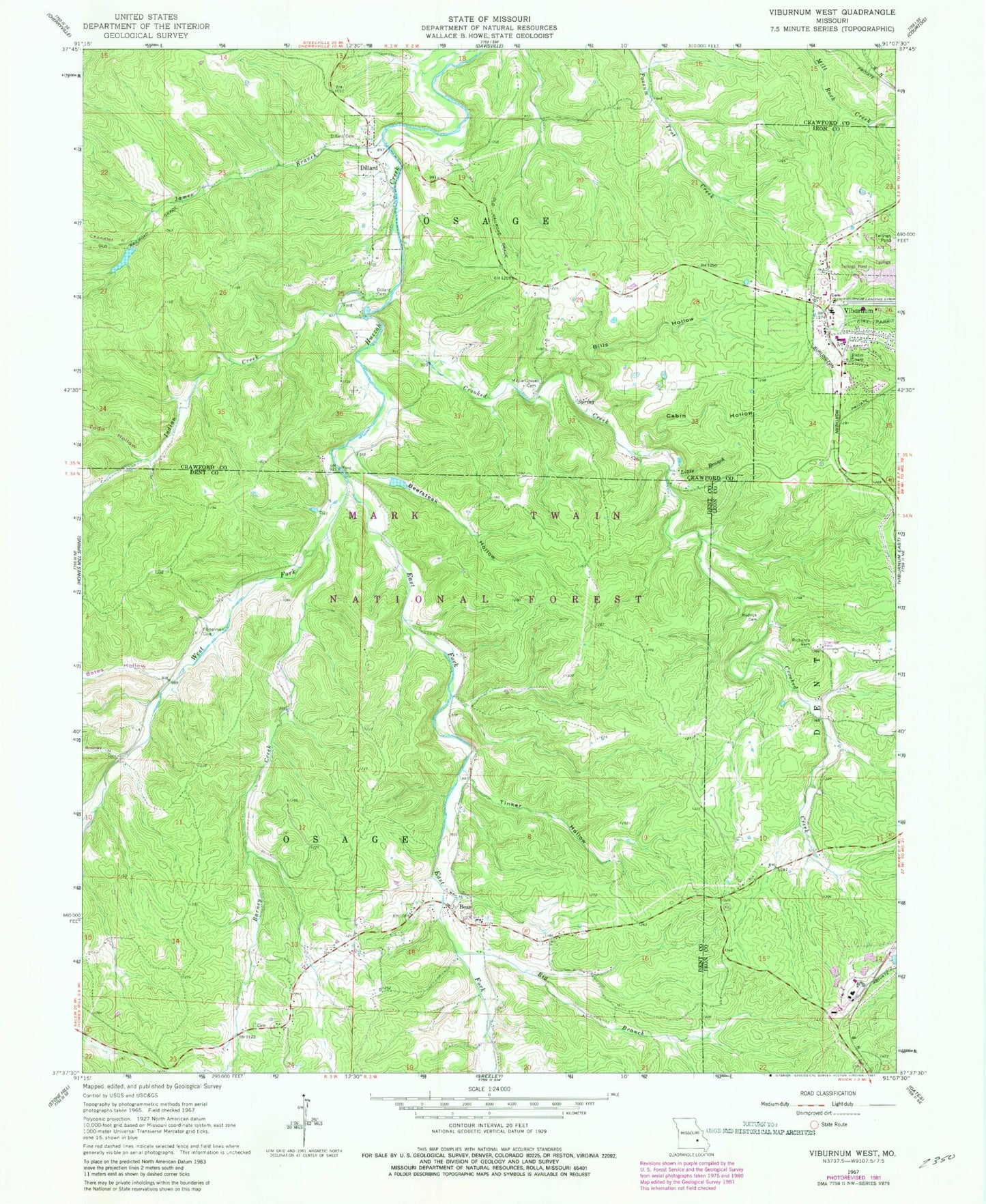 Classic USGS Viburnum West Missouri 7.5'x7.5' Topo Map Image