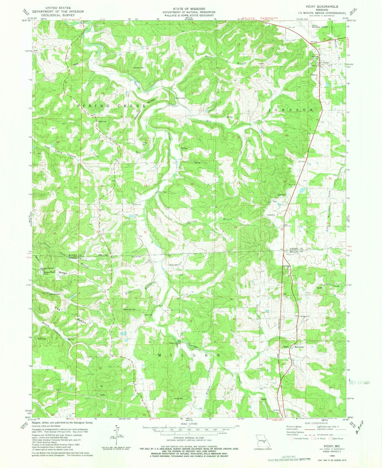 Classic USGS Vichy Missouri 7.5'x7.5' Topo Map Image