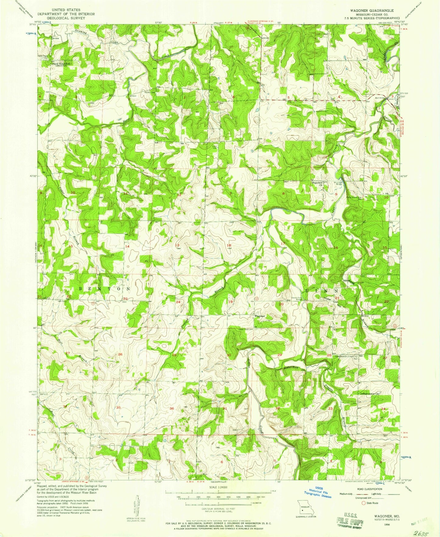 Classic USGS Wagoner Missouri 7.5'x7.5' Topo Map Image