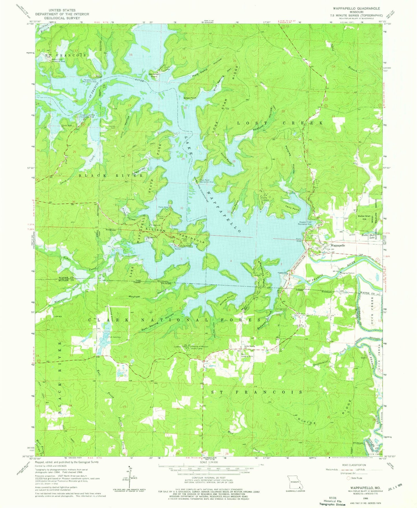 Classic USGS Wappapello Missouri 7.5'x7.5' Topo Map Image