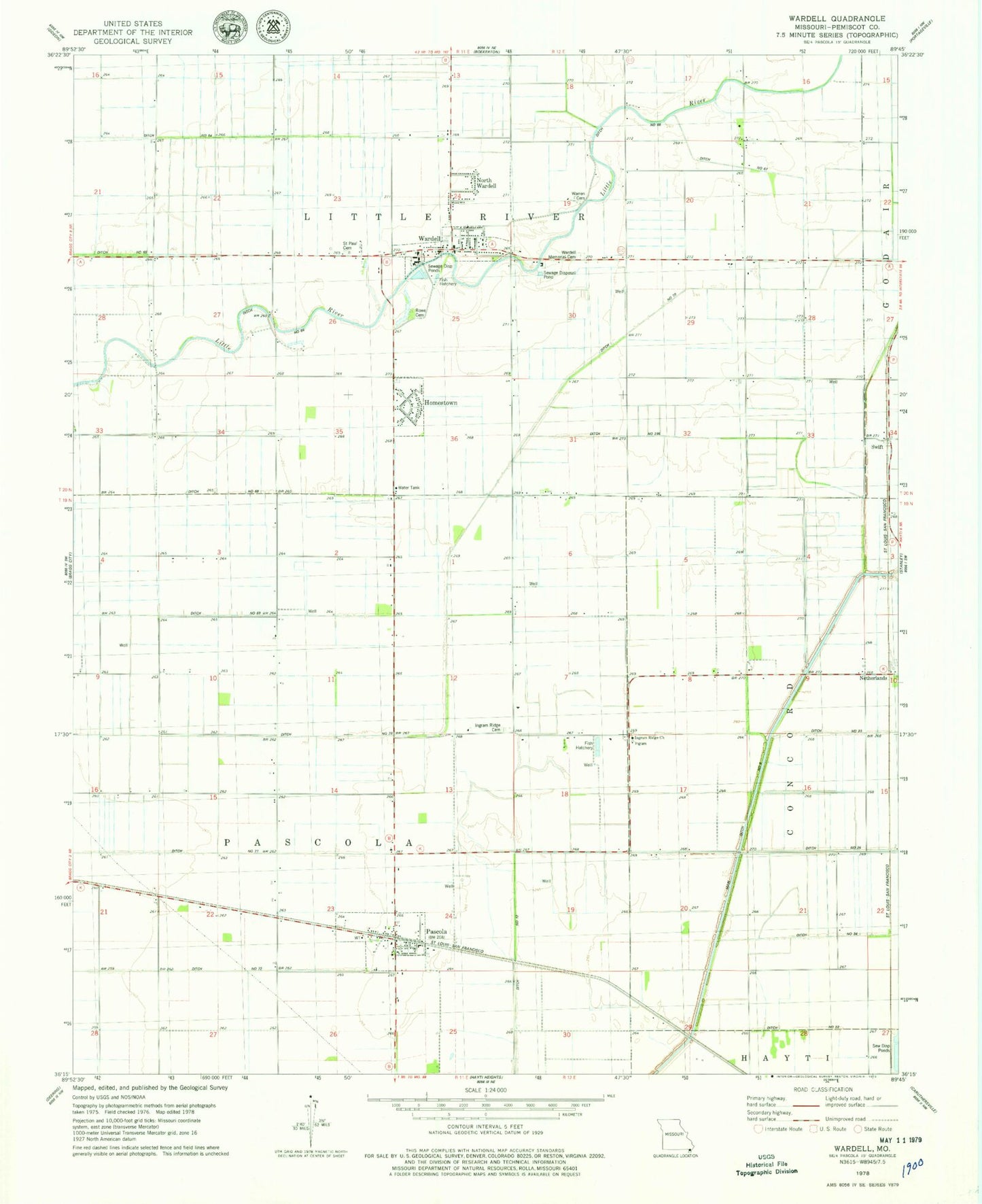 Classic USGS Wardell Missouri 7.5'x7.5' Topo Map Image