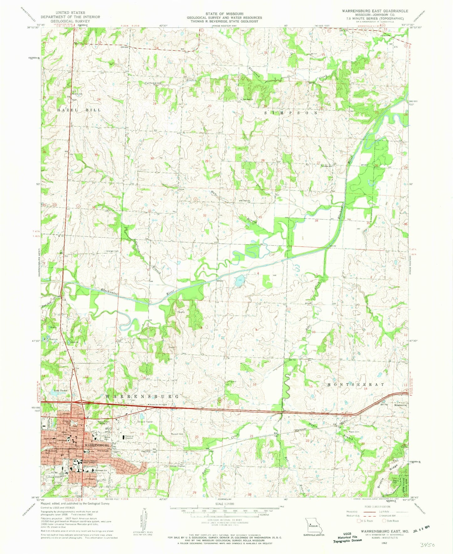 Classic USGS Warrensburg East Missouri 7.5'x7.5' Topo Map Image