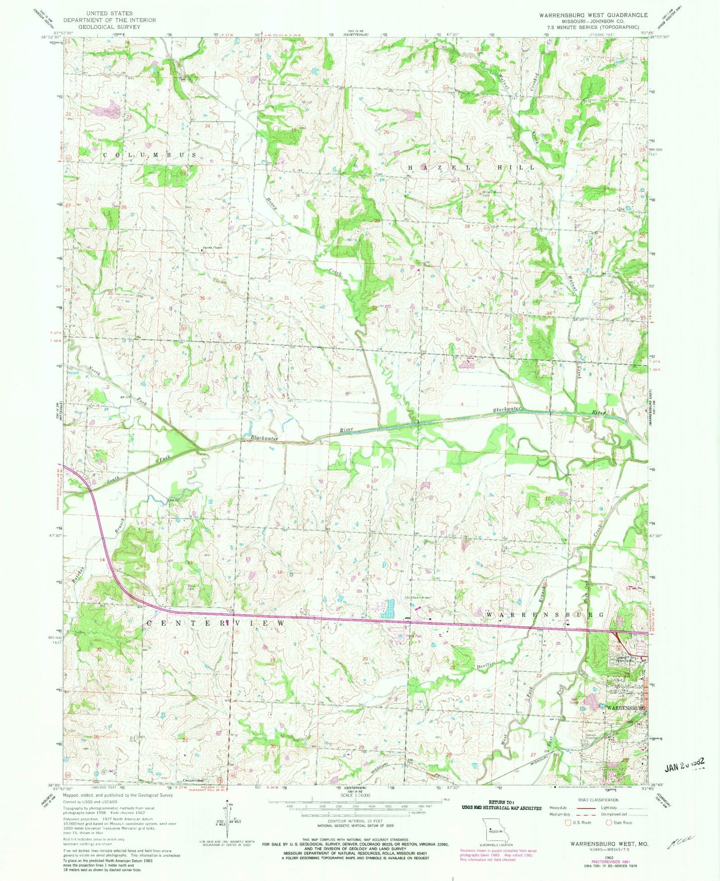 Classic USGS Warrensburg West Missouri 7.5'x7.5' Topo Map Image