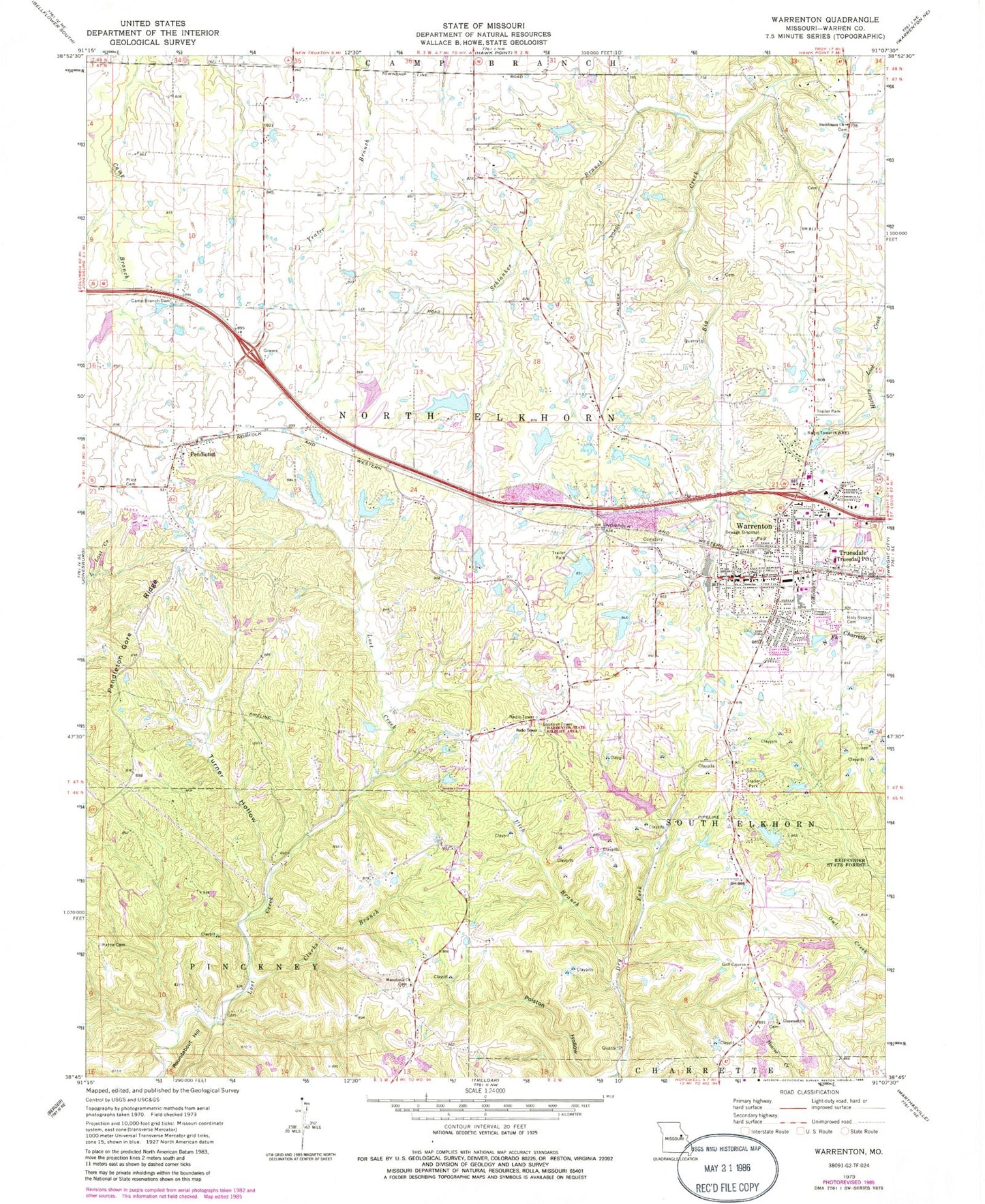 Classic USGS Warrenton Missouri 7.5'x7.5' Topo Map Image