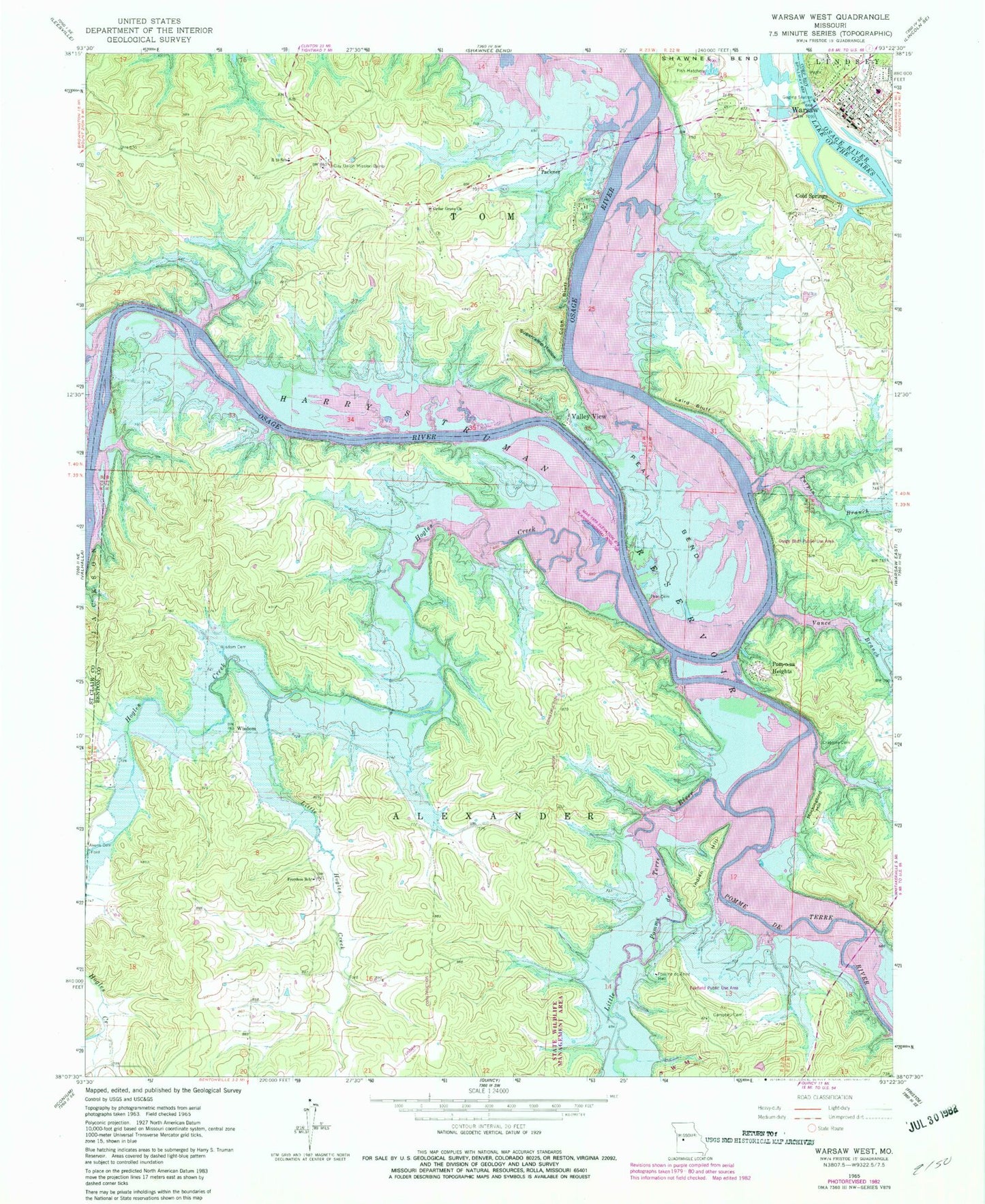 Classic USGS Warsaw West Missouri 7.5'x7.5' Topo Map Image