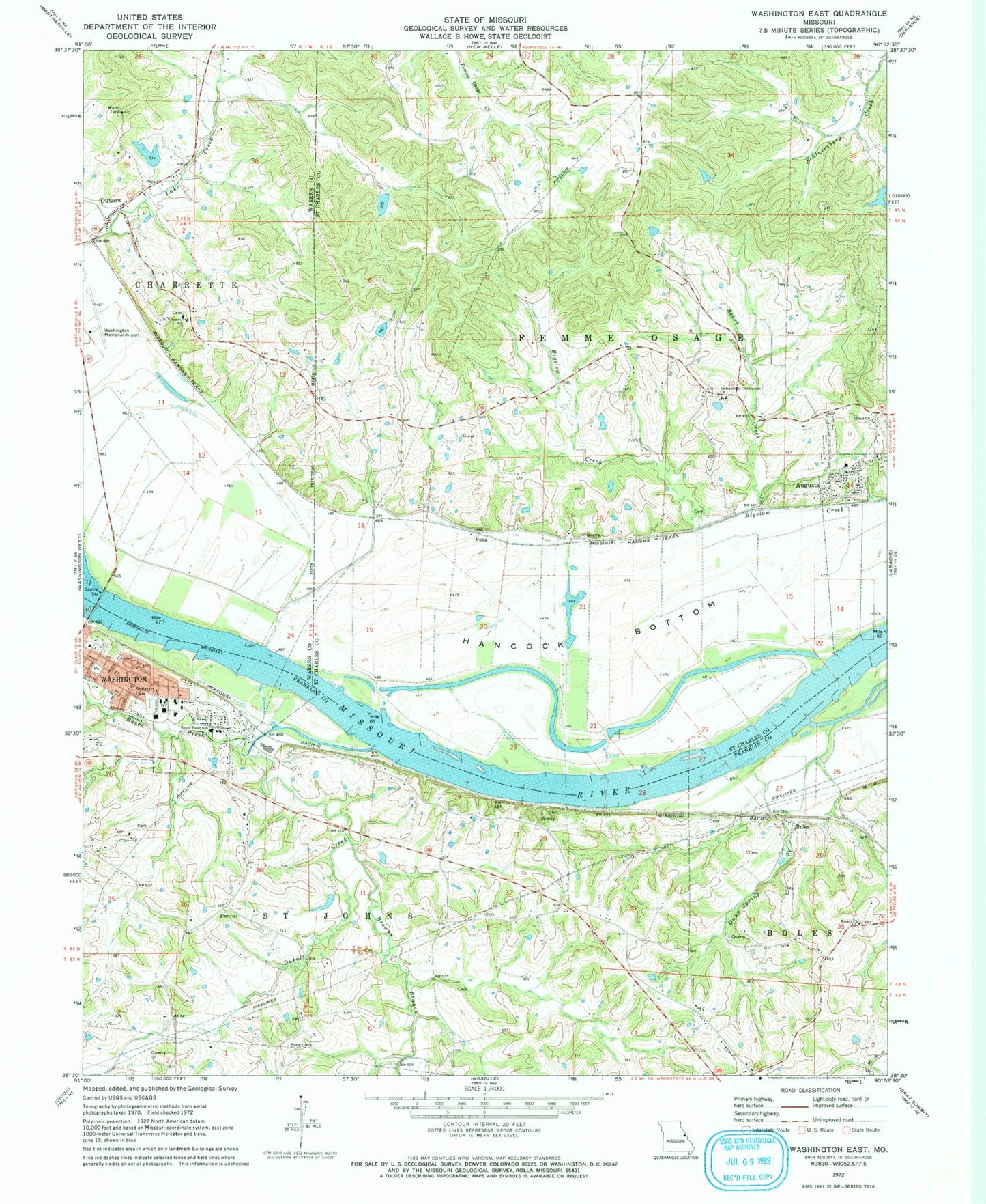 Classic USGS Washington East Missouri 7.5'x7.5' Topo Map Image