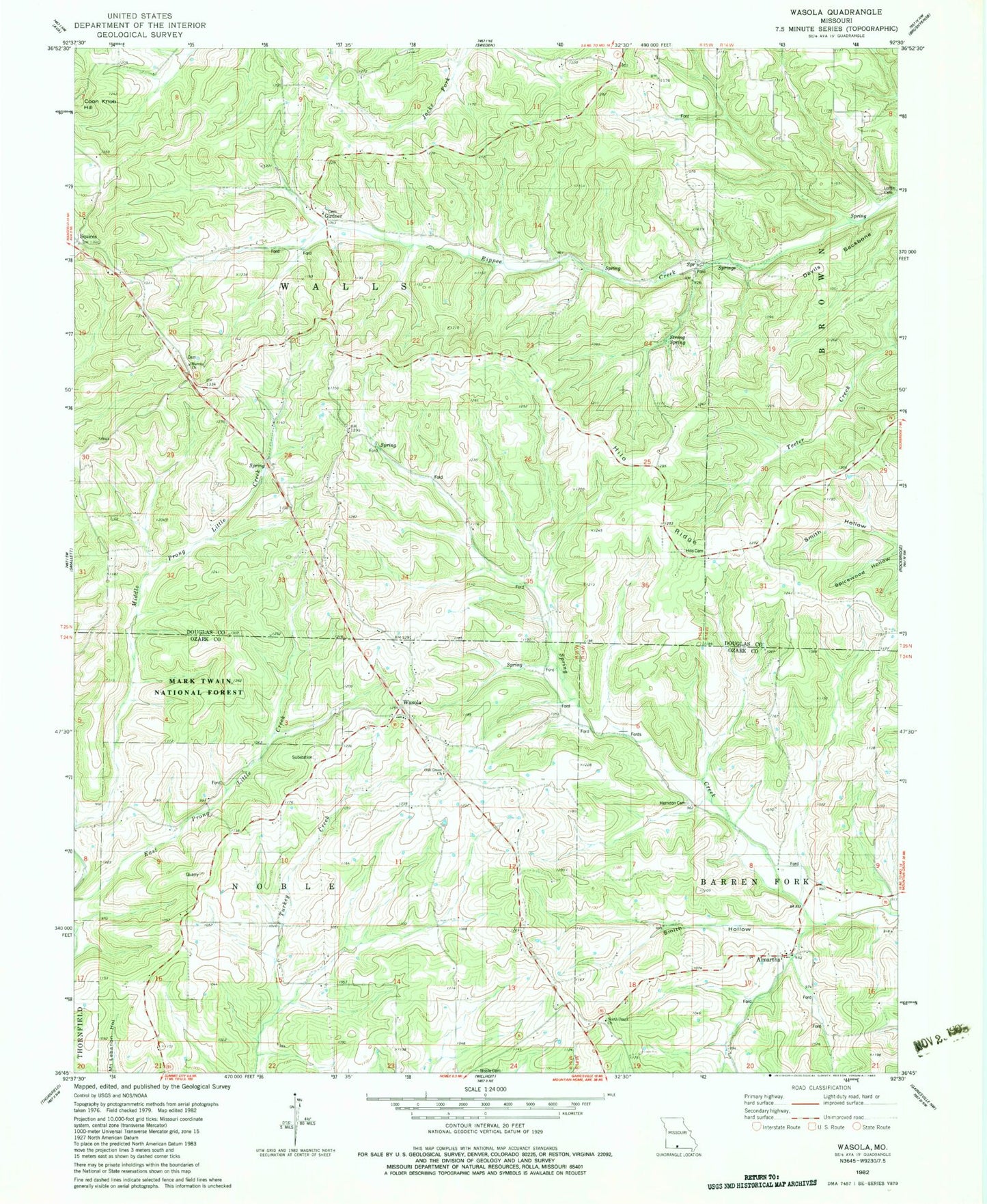Classic USGS Wasola Missouri 7.5'x7.5' Topo Map Image