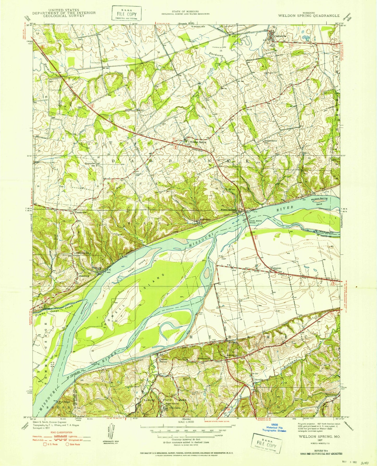 Classic USGS Weldon Spring Missouri 7.5'x7.5' Topo Map Image