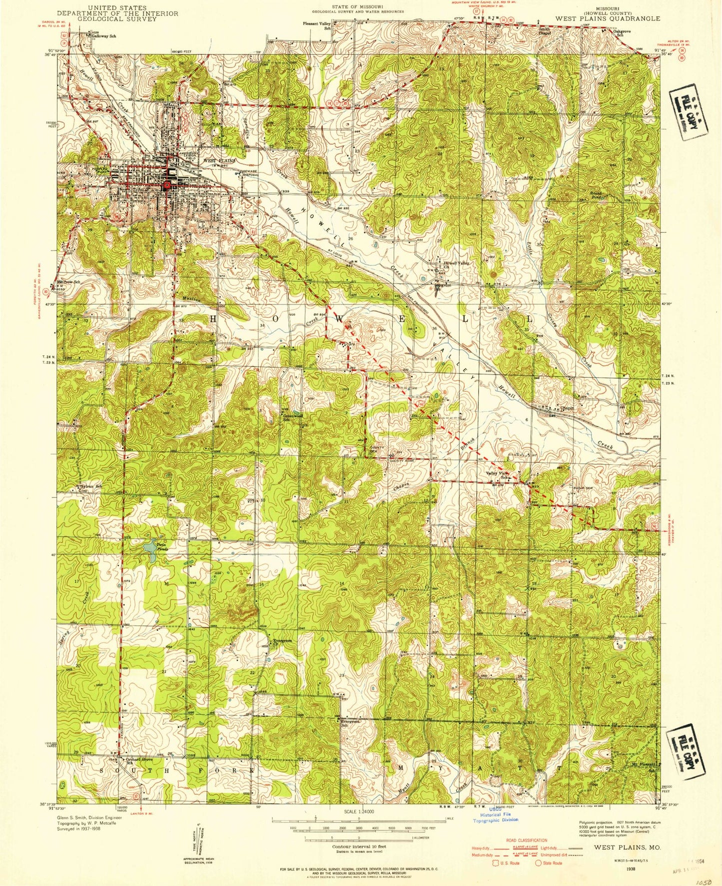 Classic USGS West Plains Missouri 7.5'x7.5' Topo Map Image