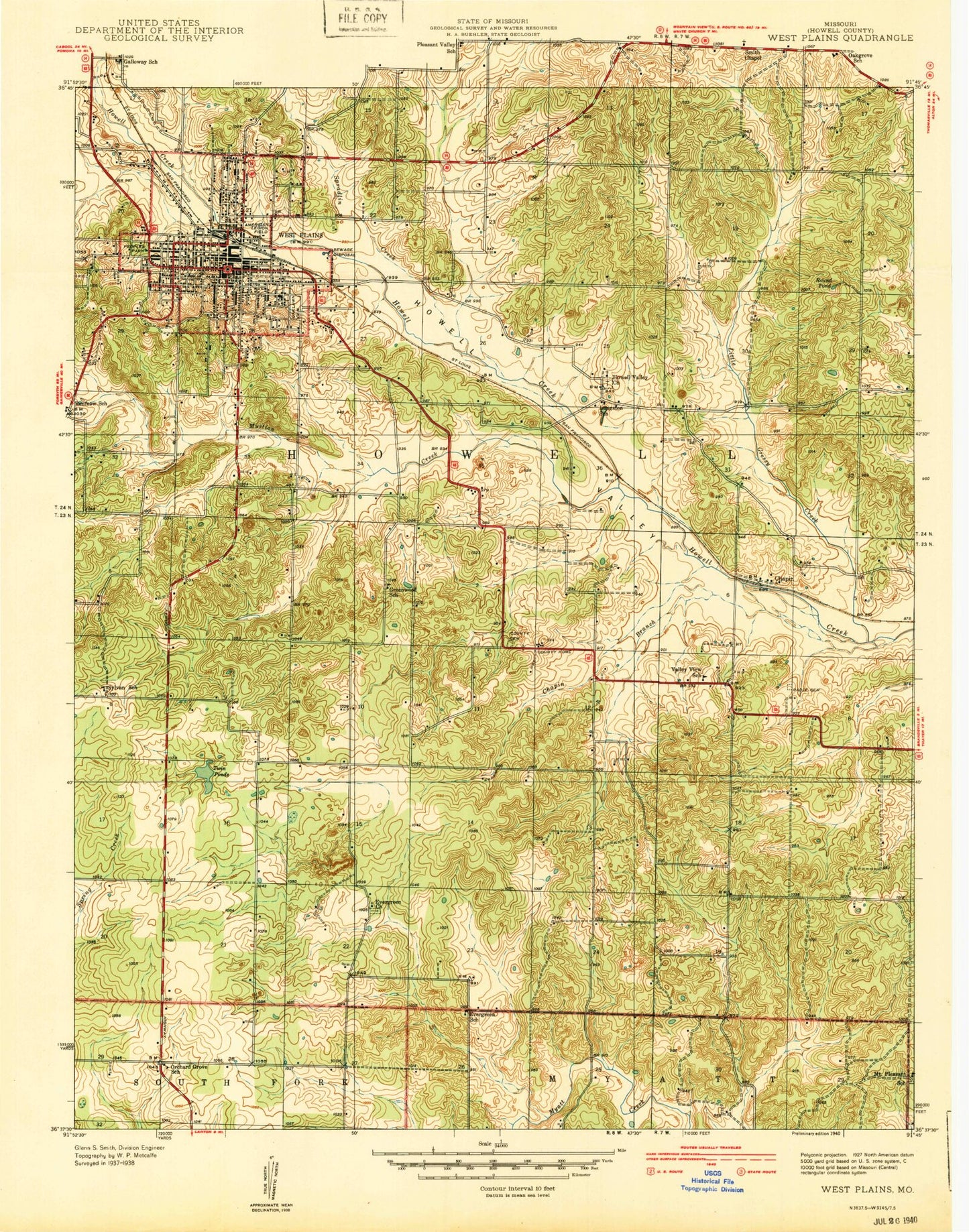 Classic USGS West Plains Missouri 7.5'x7.5' Topo Map Image