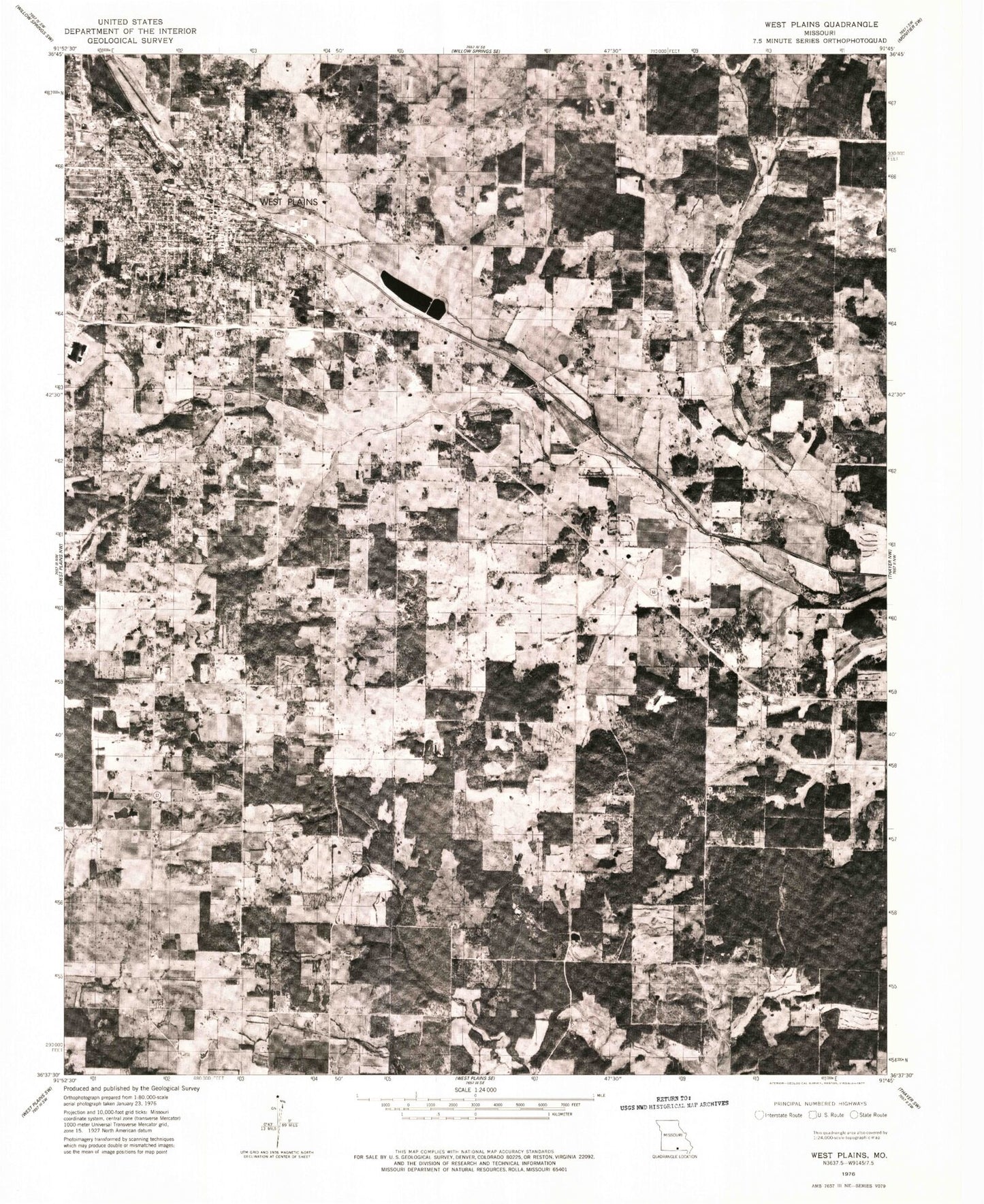Classic USGS West Plains Missouri 7.5'x7.5' Topo Map Image