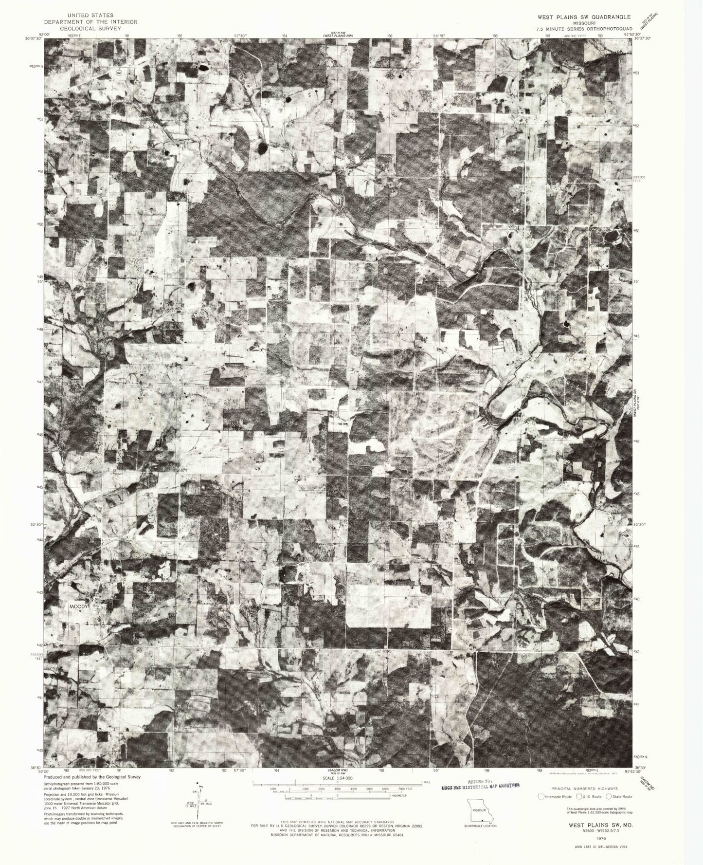 Classic USGS Moody Missouri 7.5'x7.5' Topo Map Image